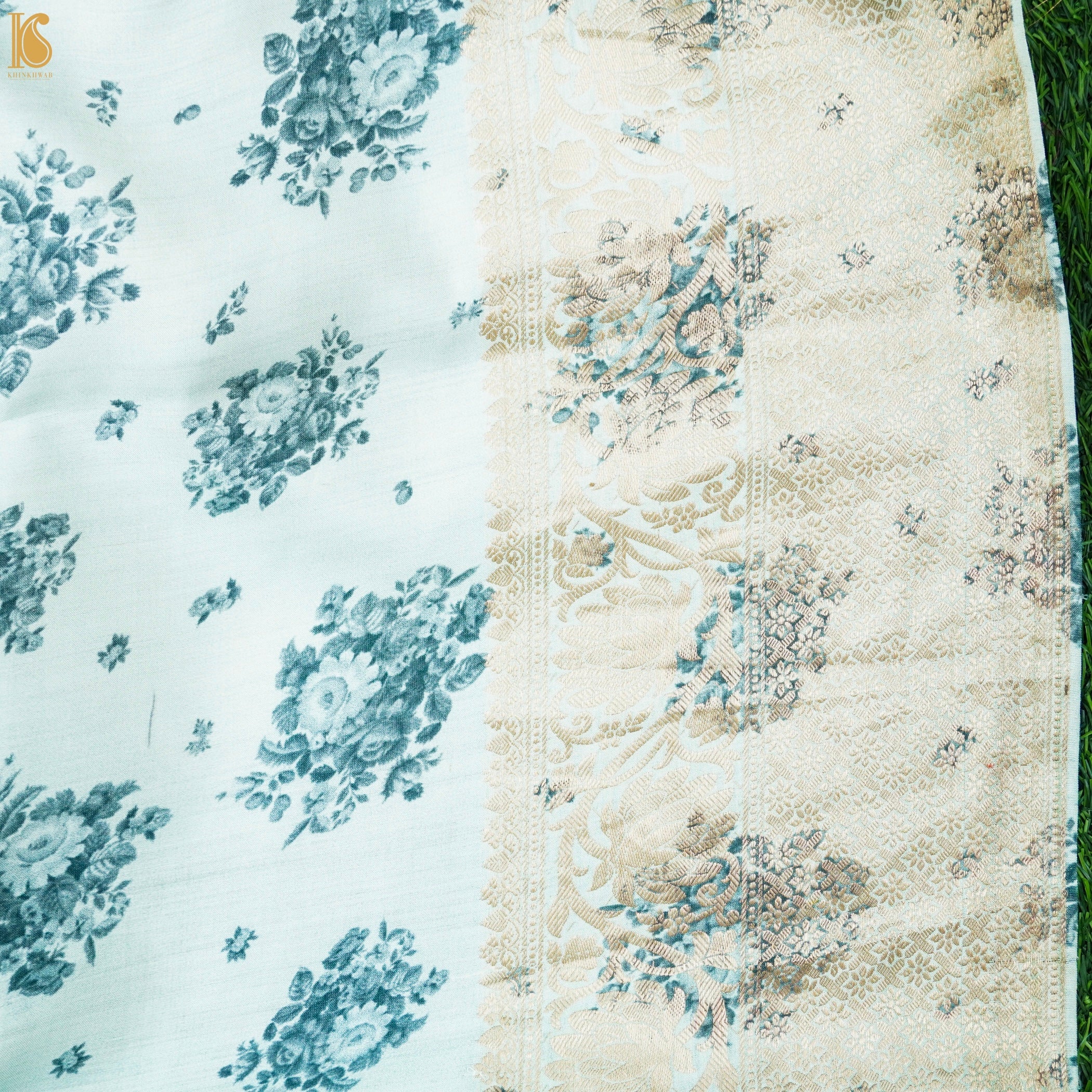 Light Blue Pure Organza Silk Floral Print Banarasi Border Saree - Khinkhwab