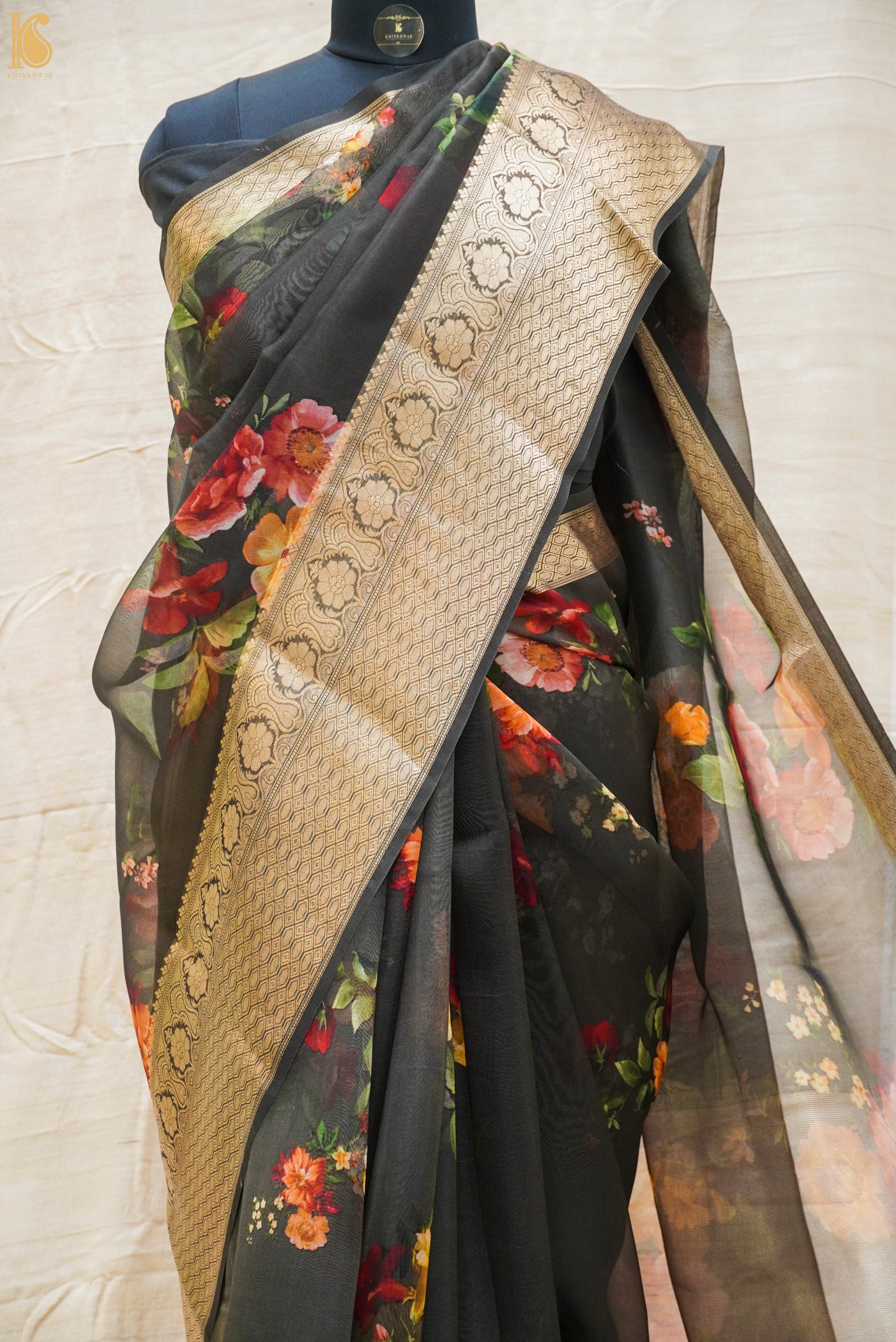 Black Pure Organza Silk Floral Print Banarasi Border Saree - Khinkhwab