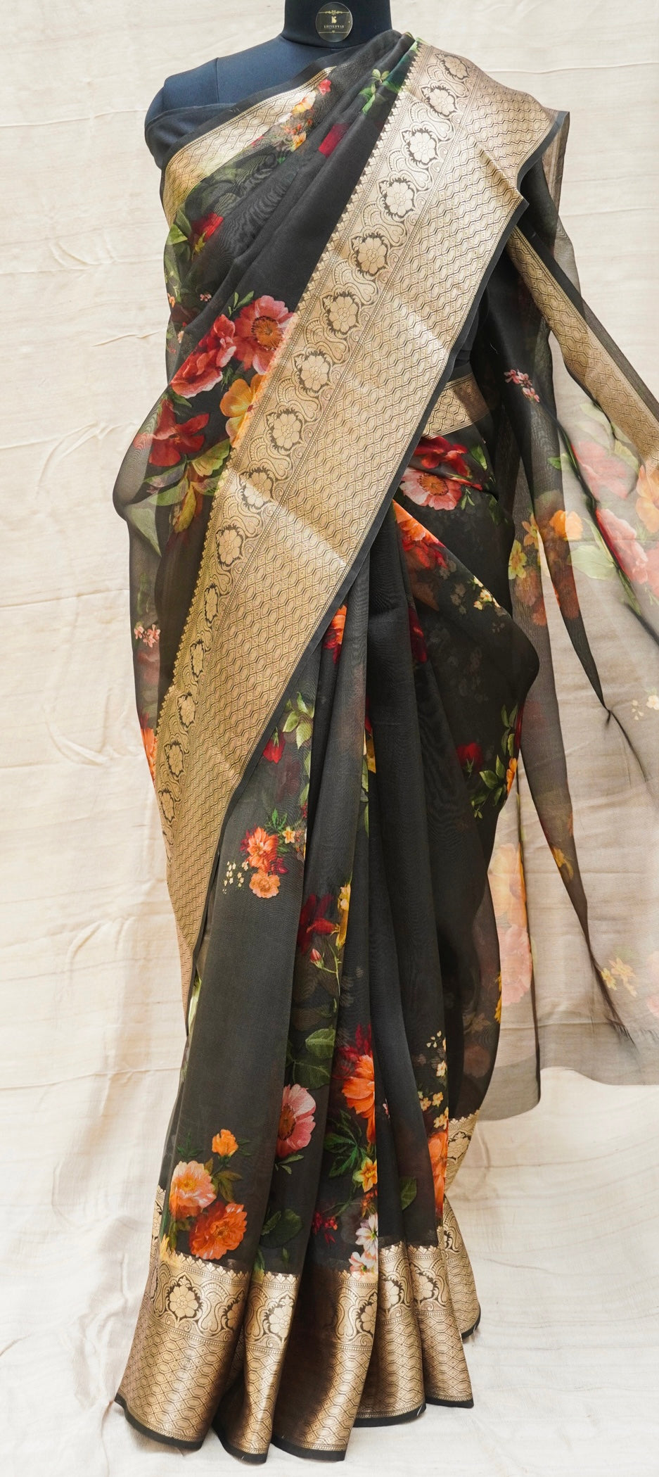 Black Pure Organza Silk Floral Print Banarasi Border Saree - Khinkhwab