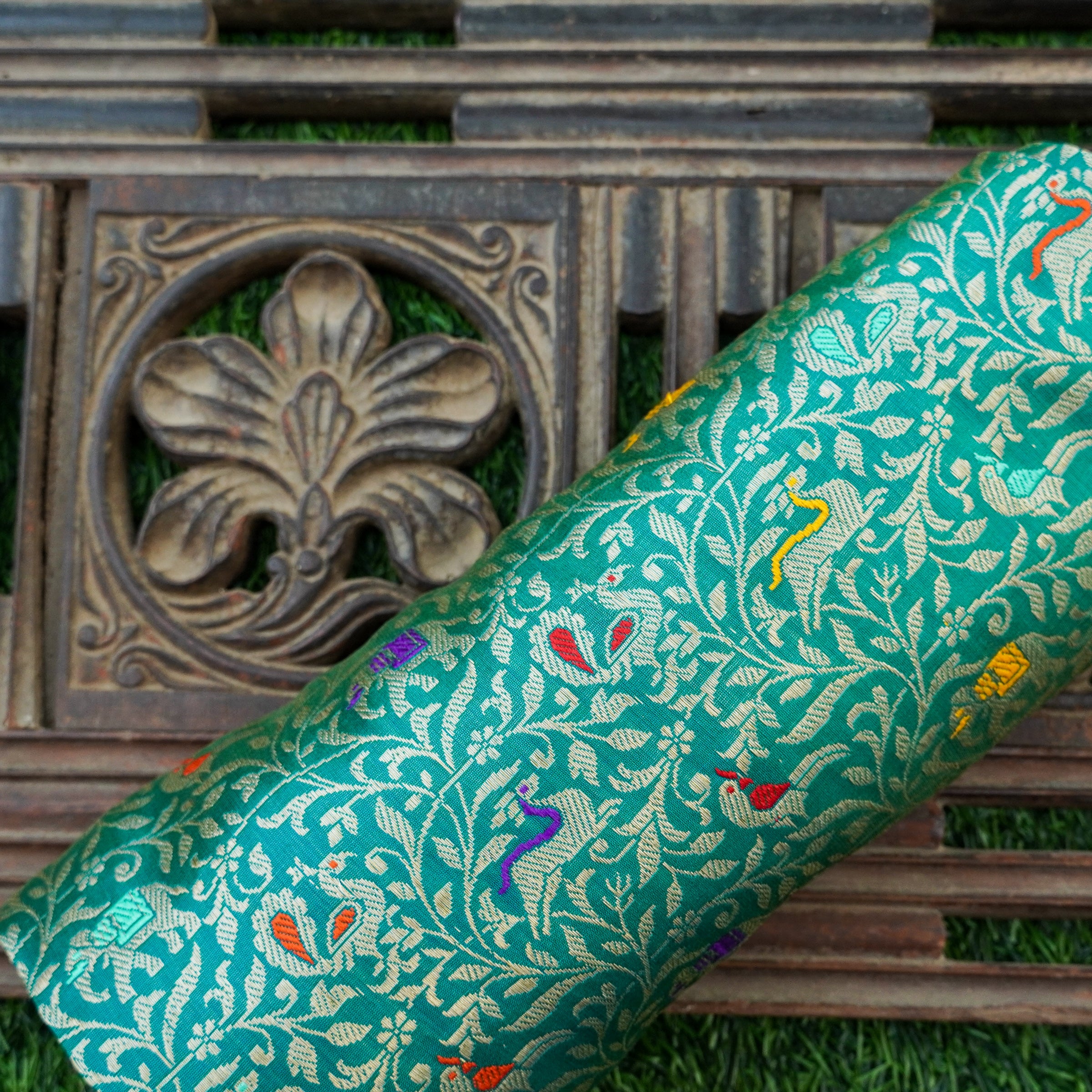 Persian Green Handwoven Pure Katan Silk Banarasi Shikargah Fabric - Khinkhwab
