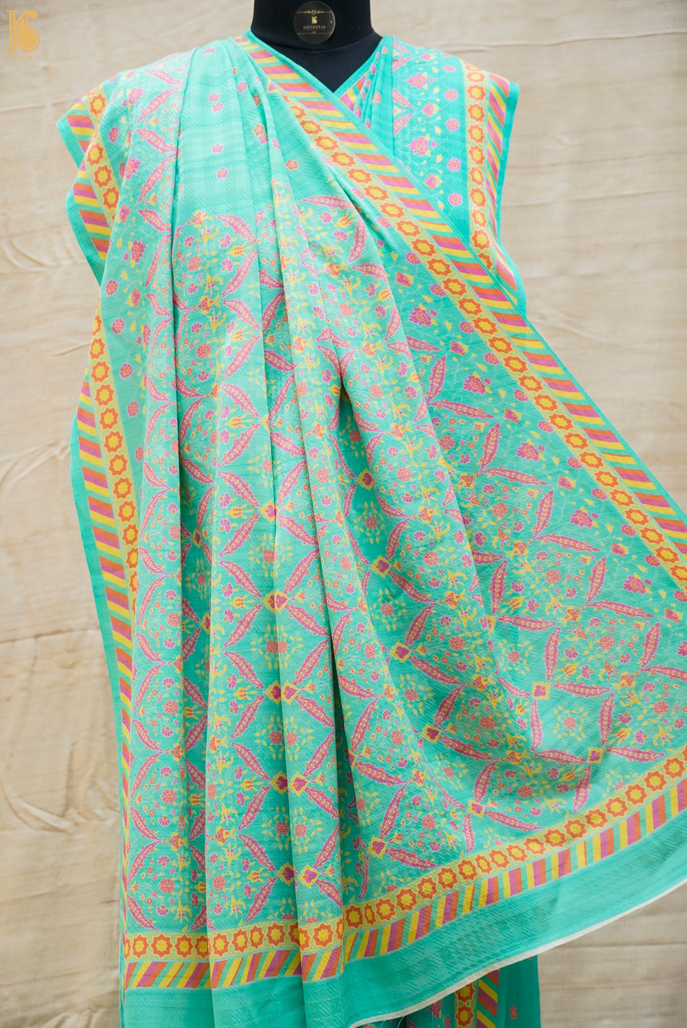 NERGIS - Ice Blue Pure Crepe Silk Print Saree - Khinkhwab