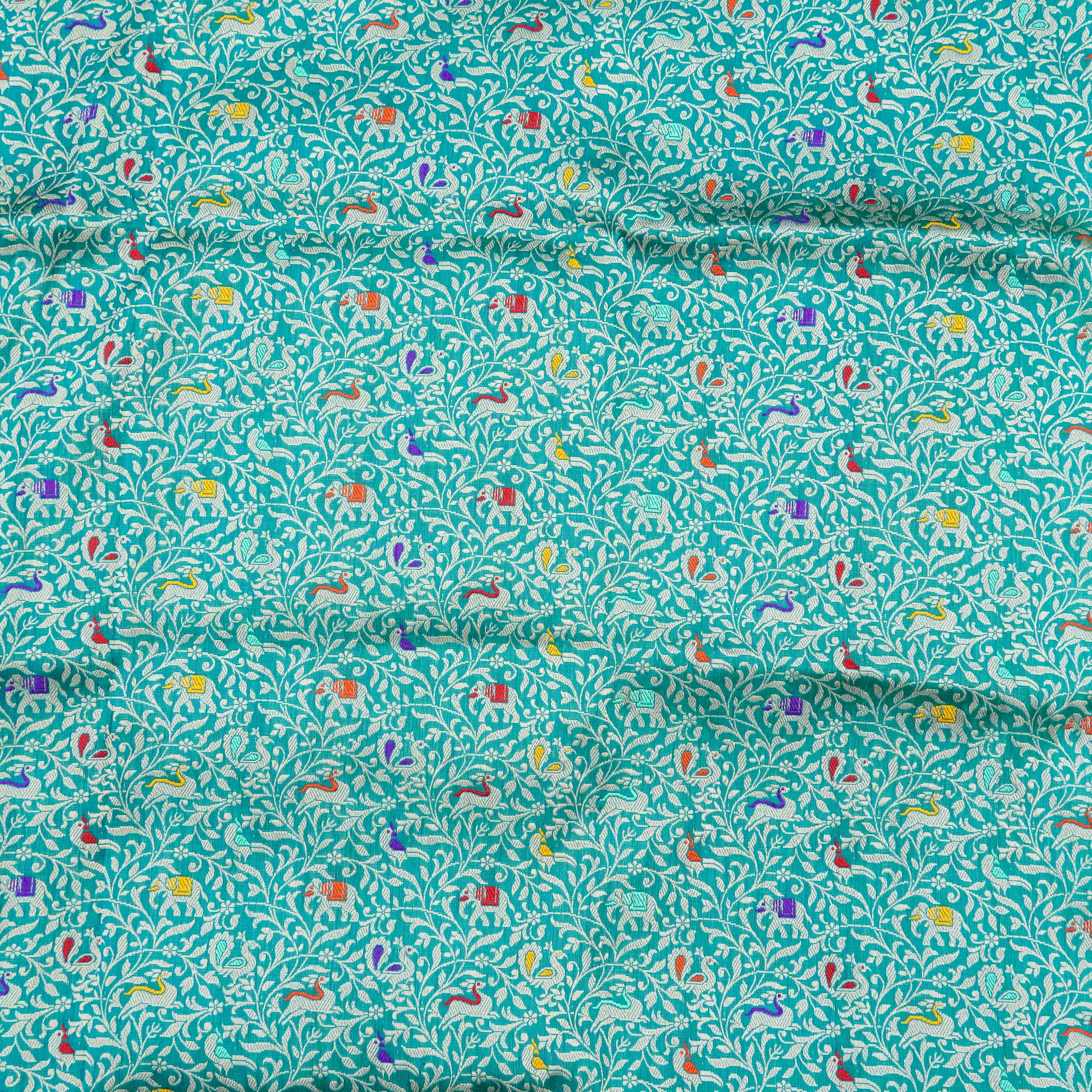 Persian Green Handwoven Pure Katan Silk Banarasi Shikargah Fabric - Khinkhwab
