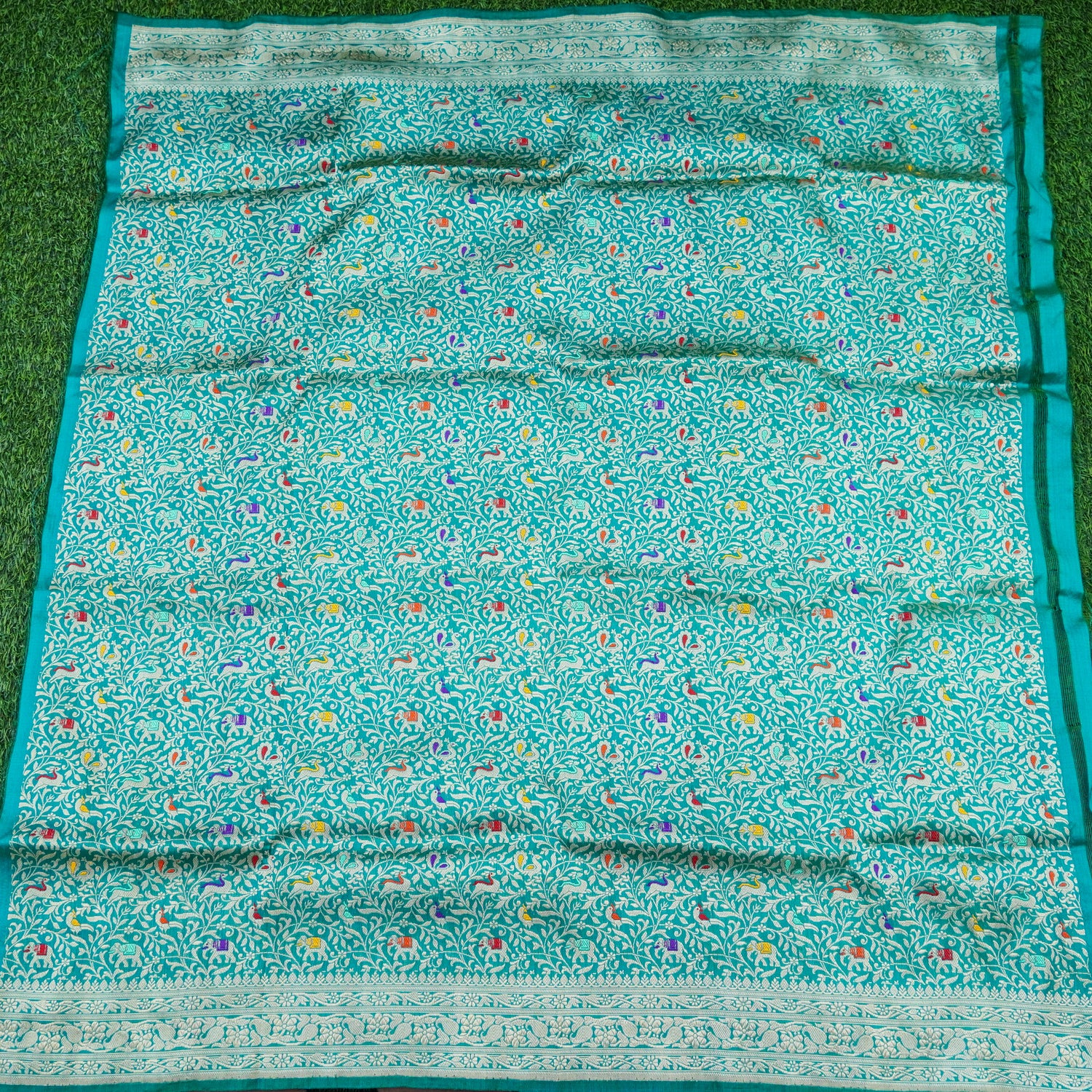 Persian Green Handwoven Pure Katan Silk Banarasi Shikargah Fabric - Khinkhwab