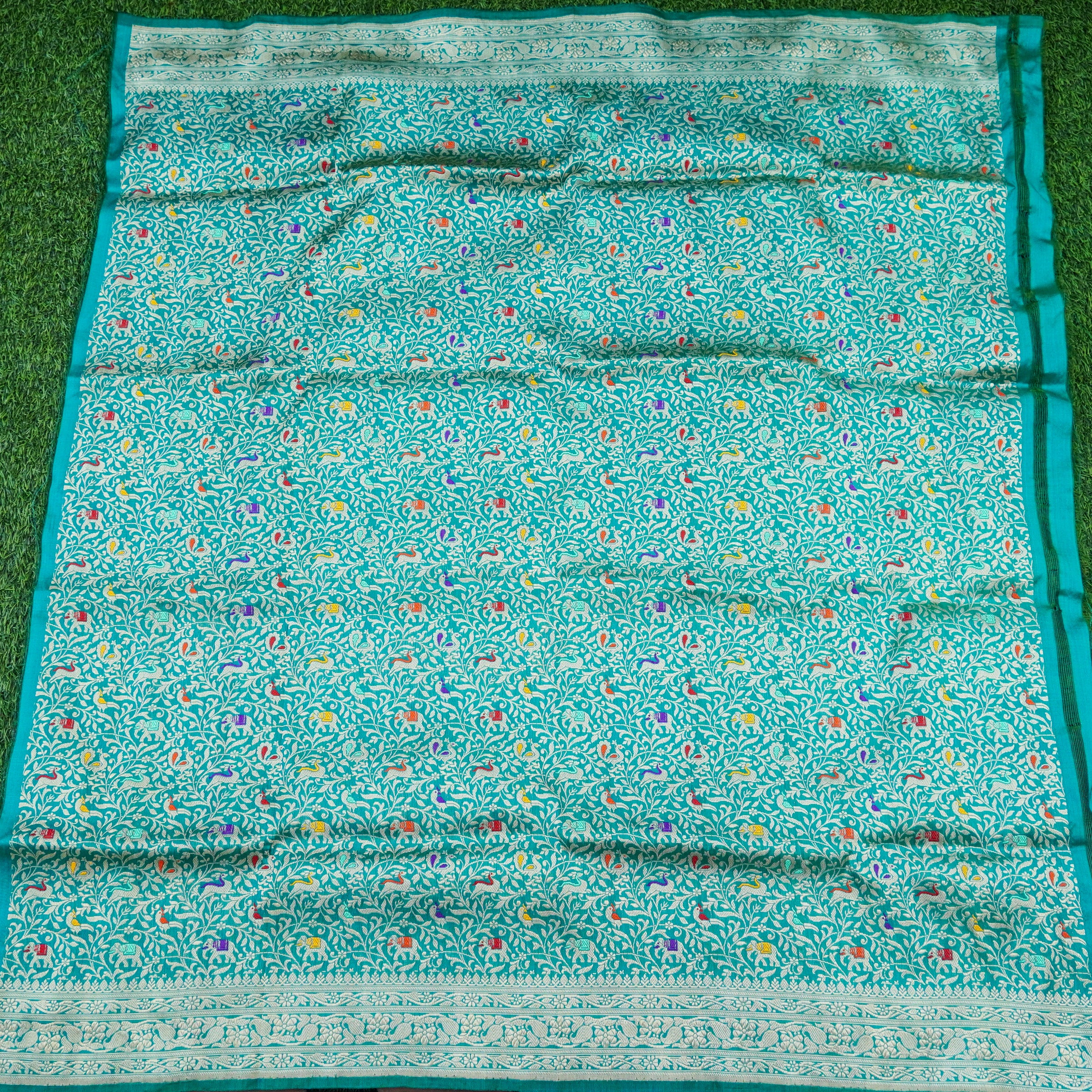 Persian Green Handwoven Pure Katan Silk Banarasi Shikargah Fabric - Khinkhwab