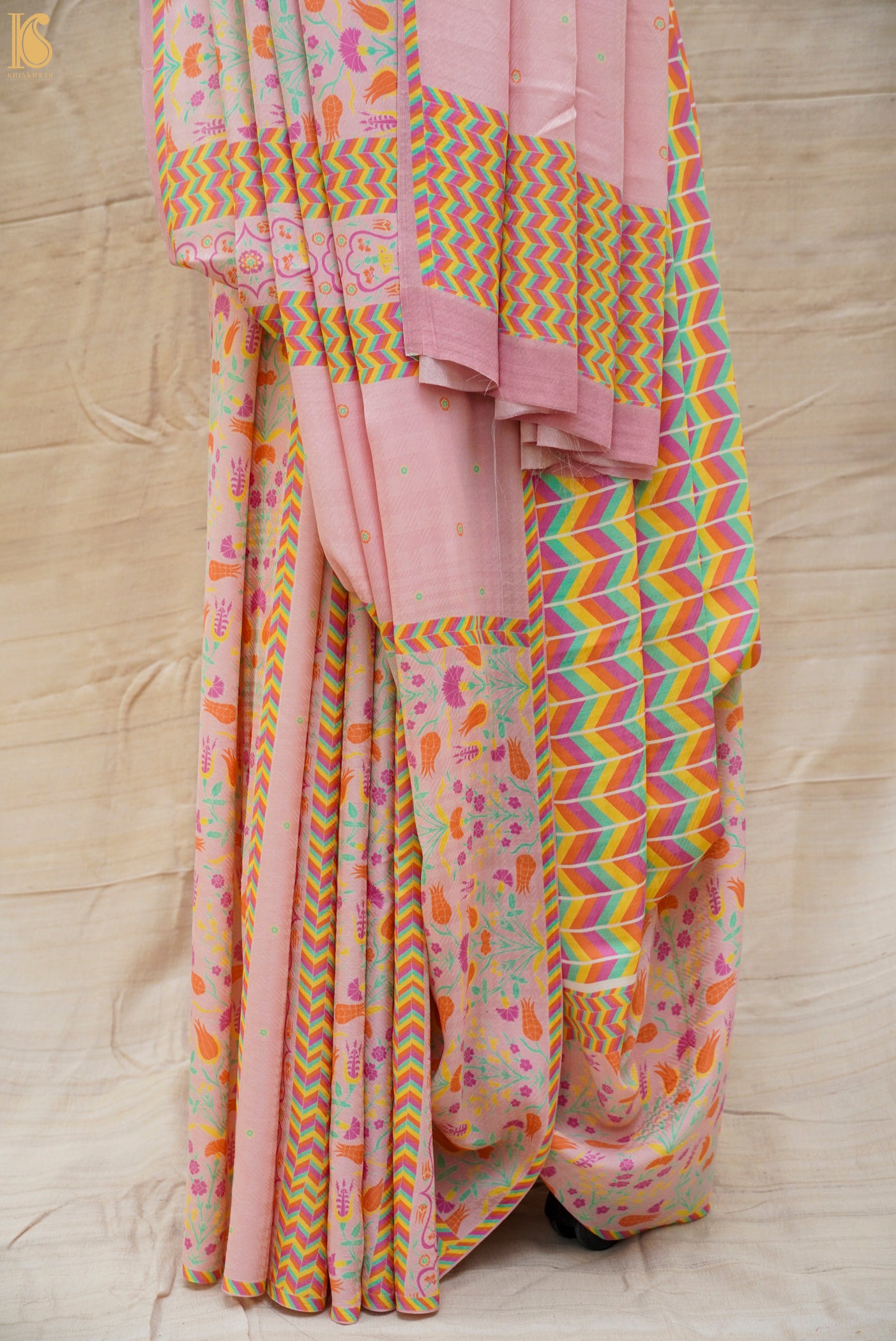 Lale - Melanie Pink Pure Crepe Silk Print Saree - Khinkhwab