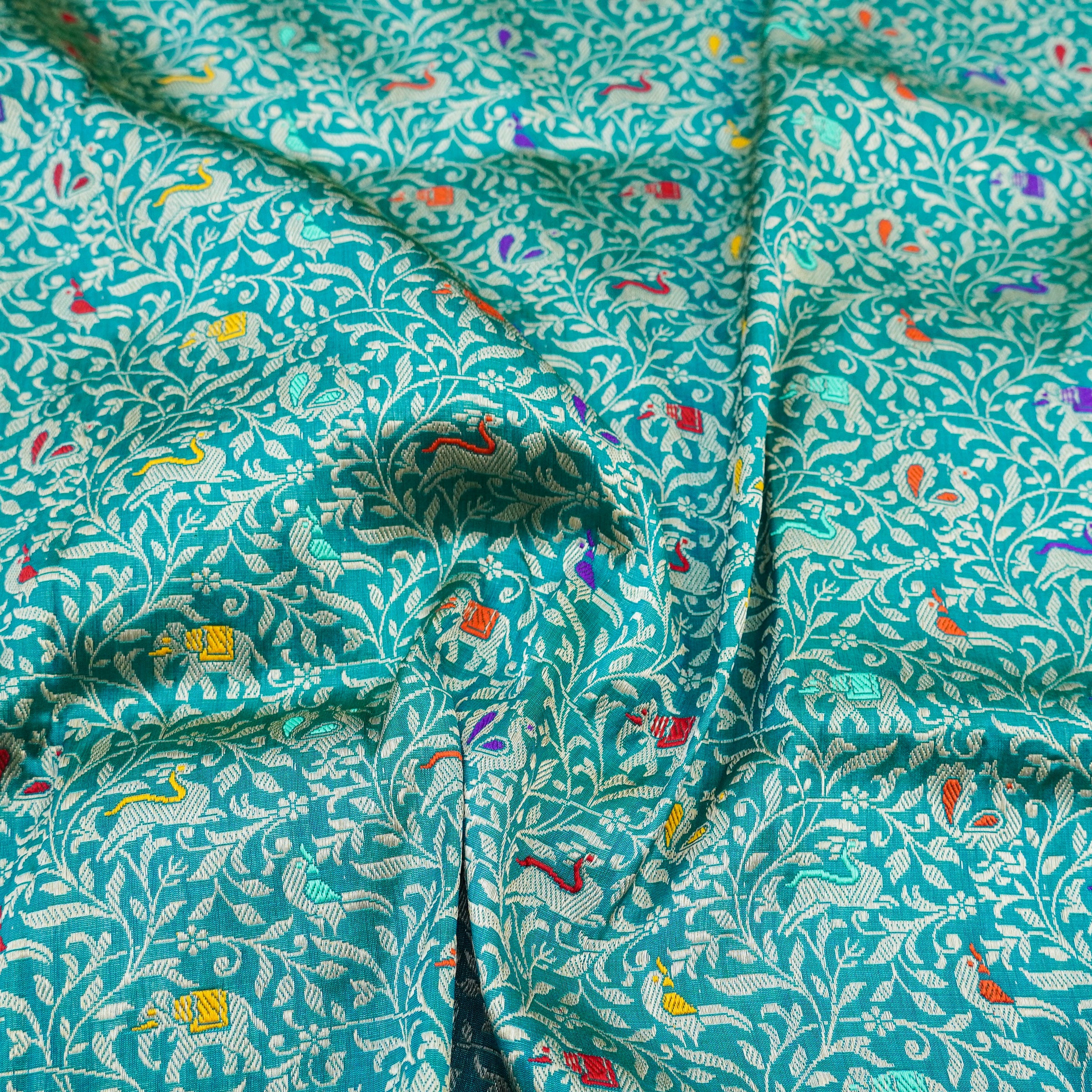 Persian Green Handwoven Pure Katan Silk Banarasi Shikargah Fabric - Khinkhwab