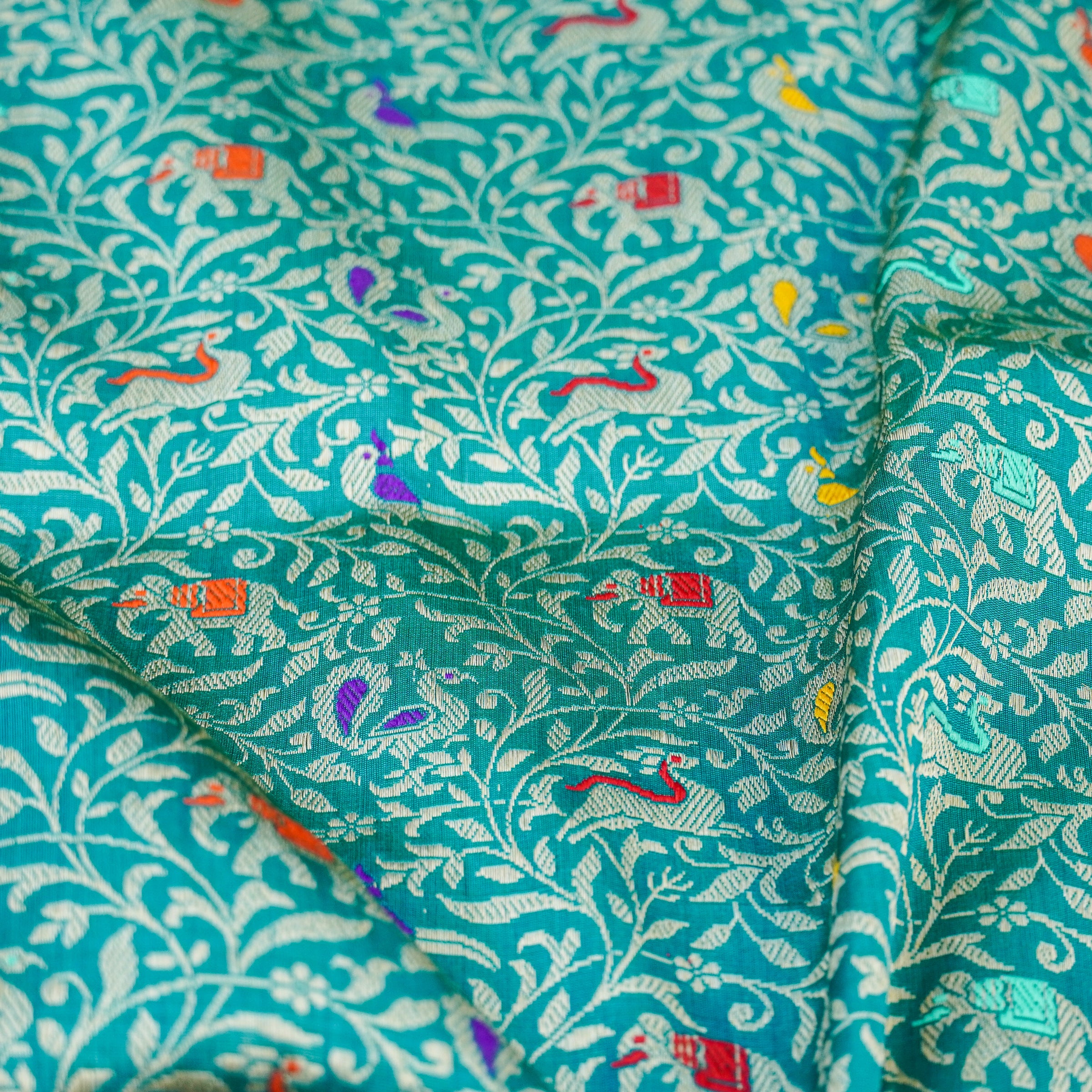 Persian Green Handwoven Pure Katan Silk Banarasi Shikargah Fabric - Khinkhwab