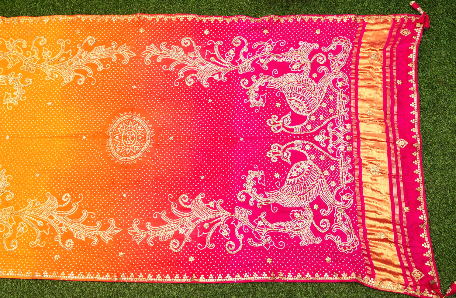 Orange & Pink Pure Gajji Silk Bandhani Gotta Patti Peacock Dupatta - Khinkhwab