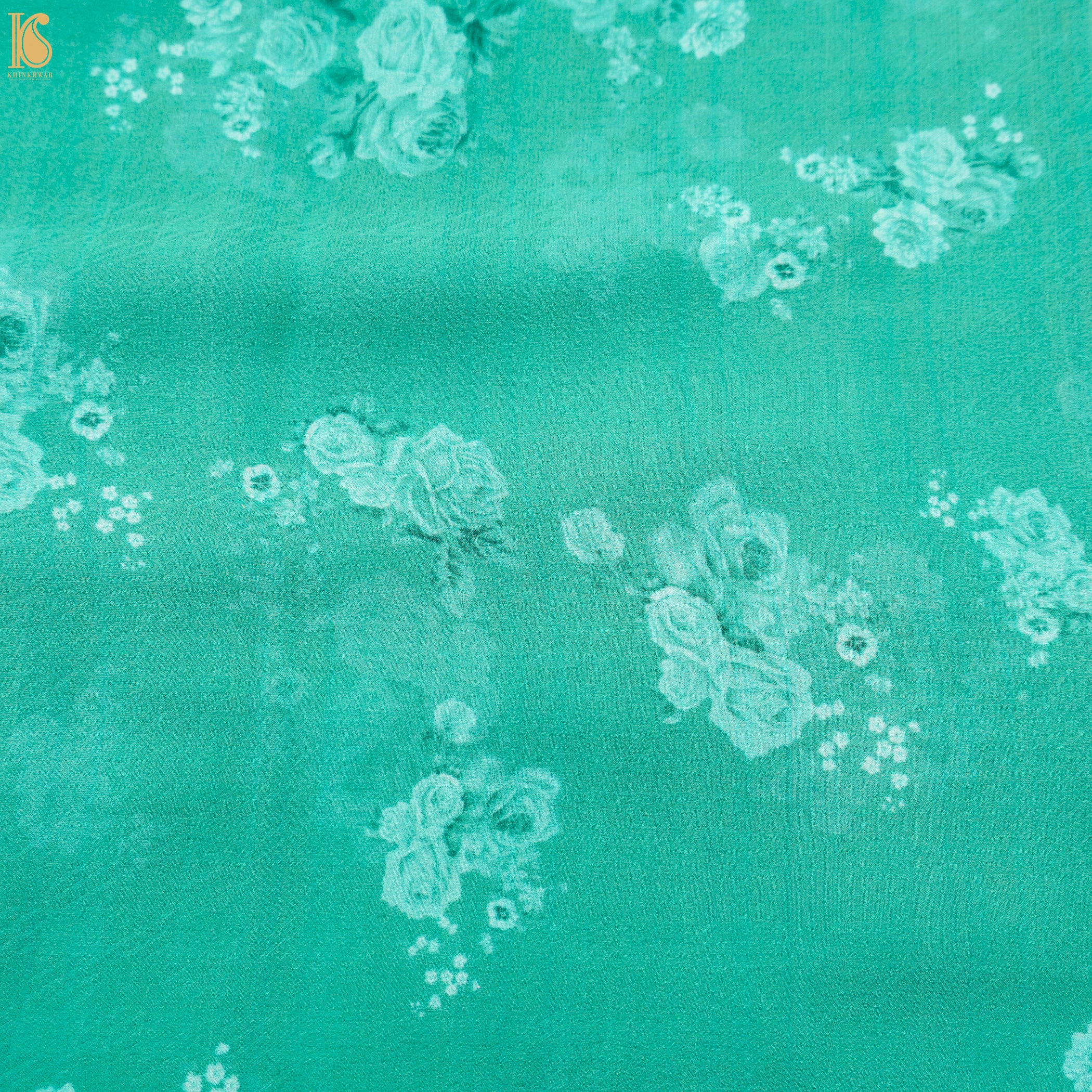 Persian Green Pure Textured Crepe Silk Printed Banarasi Saree - Khinkhwab