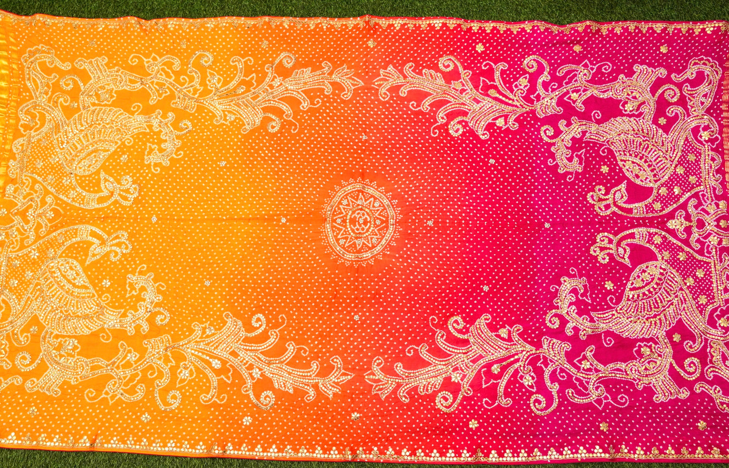 Orange & Pink Pure Gajji Silk Bandhani Gotta Patti Peacock Dupatta - Khinkhwab