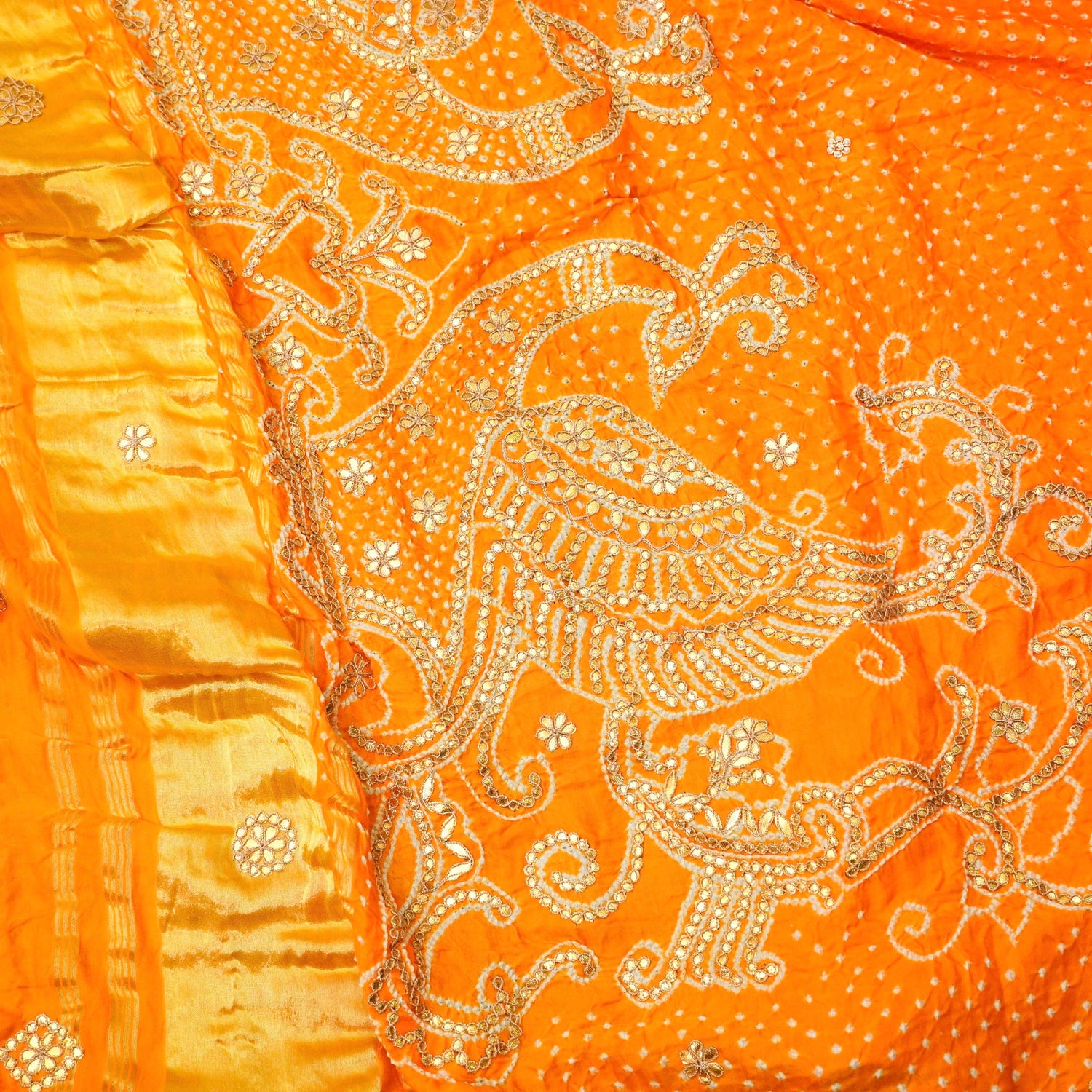 Orange & Pink Pure Gajji Silk Bandhani Gotta Patti Peacock Dupatta - Khinkhwab