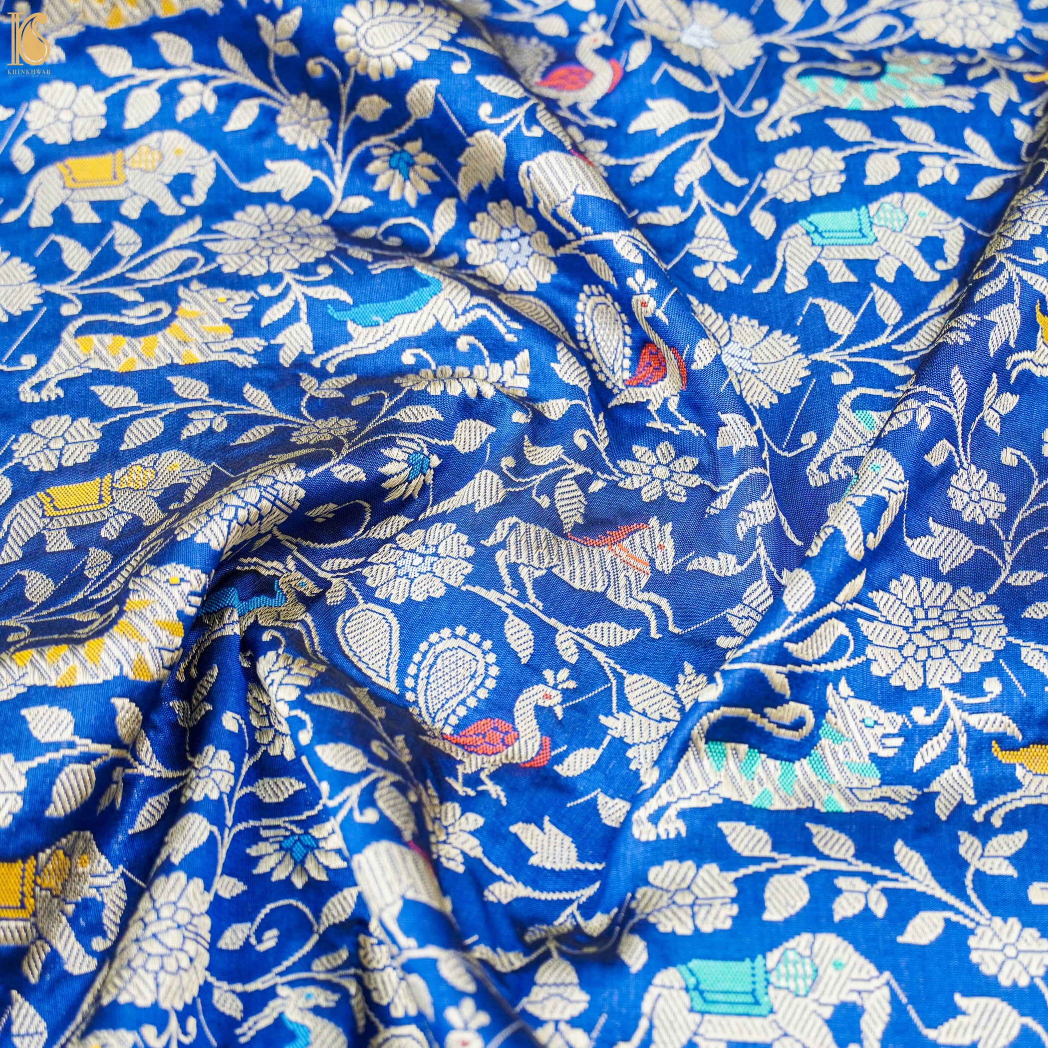 Handwoven Royal Blue Pure Katan Silk Banarasi Shikargah Fabric - Khinkhwab