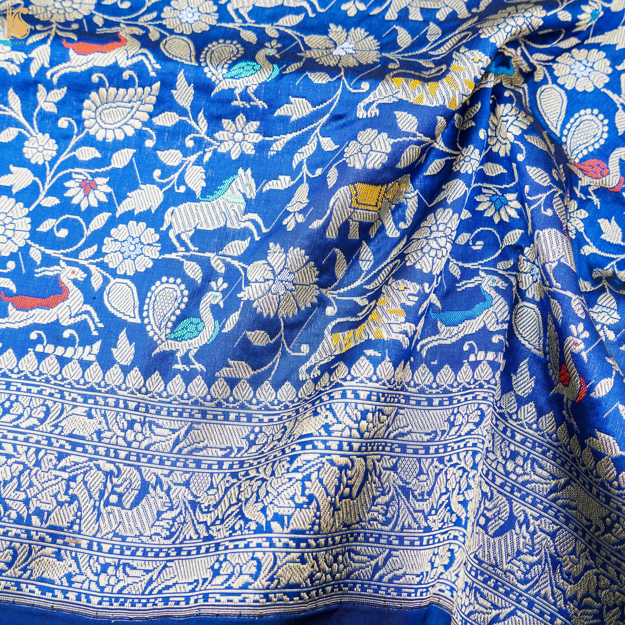Handwoven Royal Blue Pure Katan Silk Banarasi Shikargah Fabric - Khinkhwab