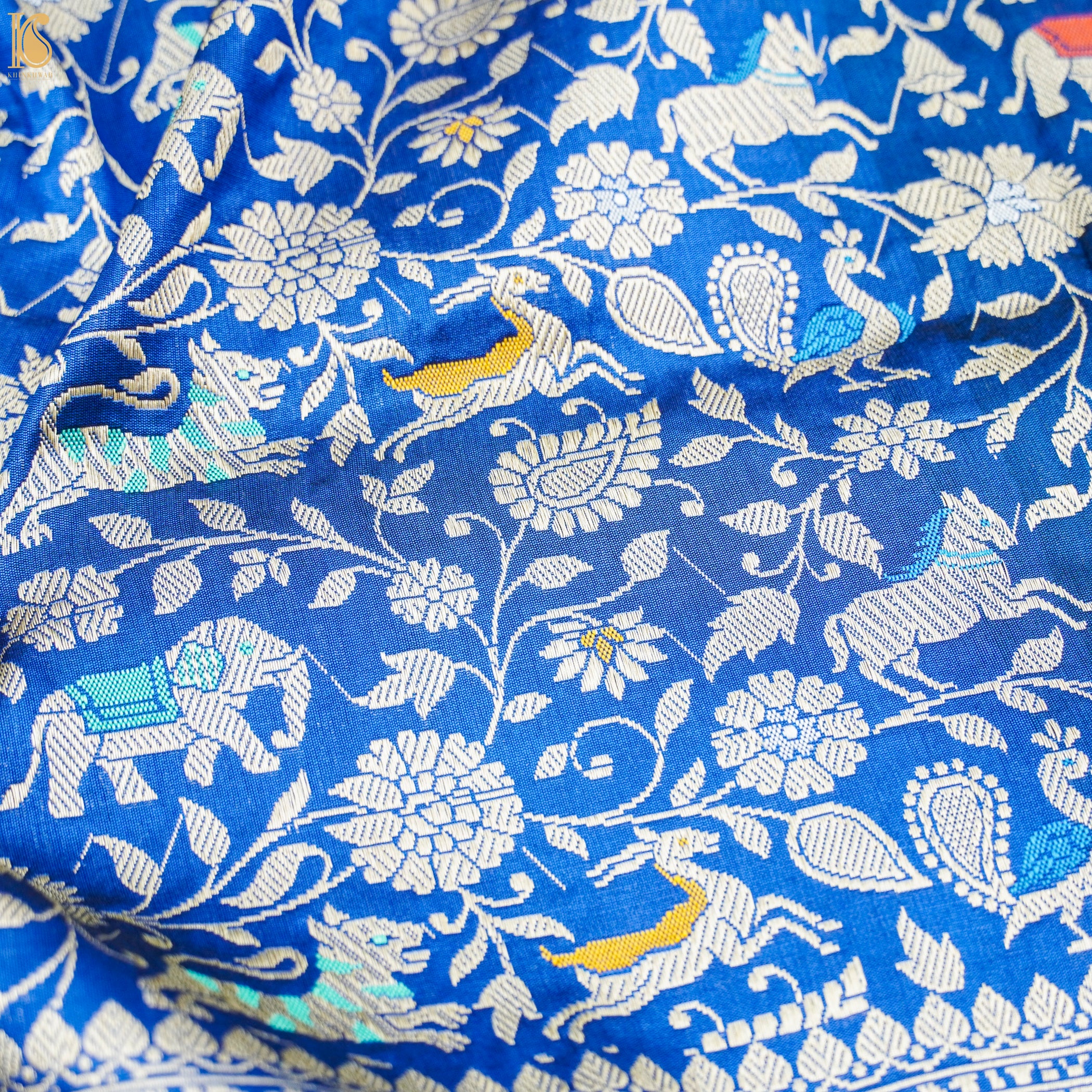 Handwoven Royal Blue Pure Katan Silk Banarasi Shikargah Fabric - Khinkhwab