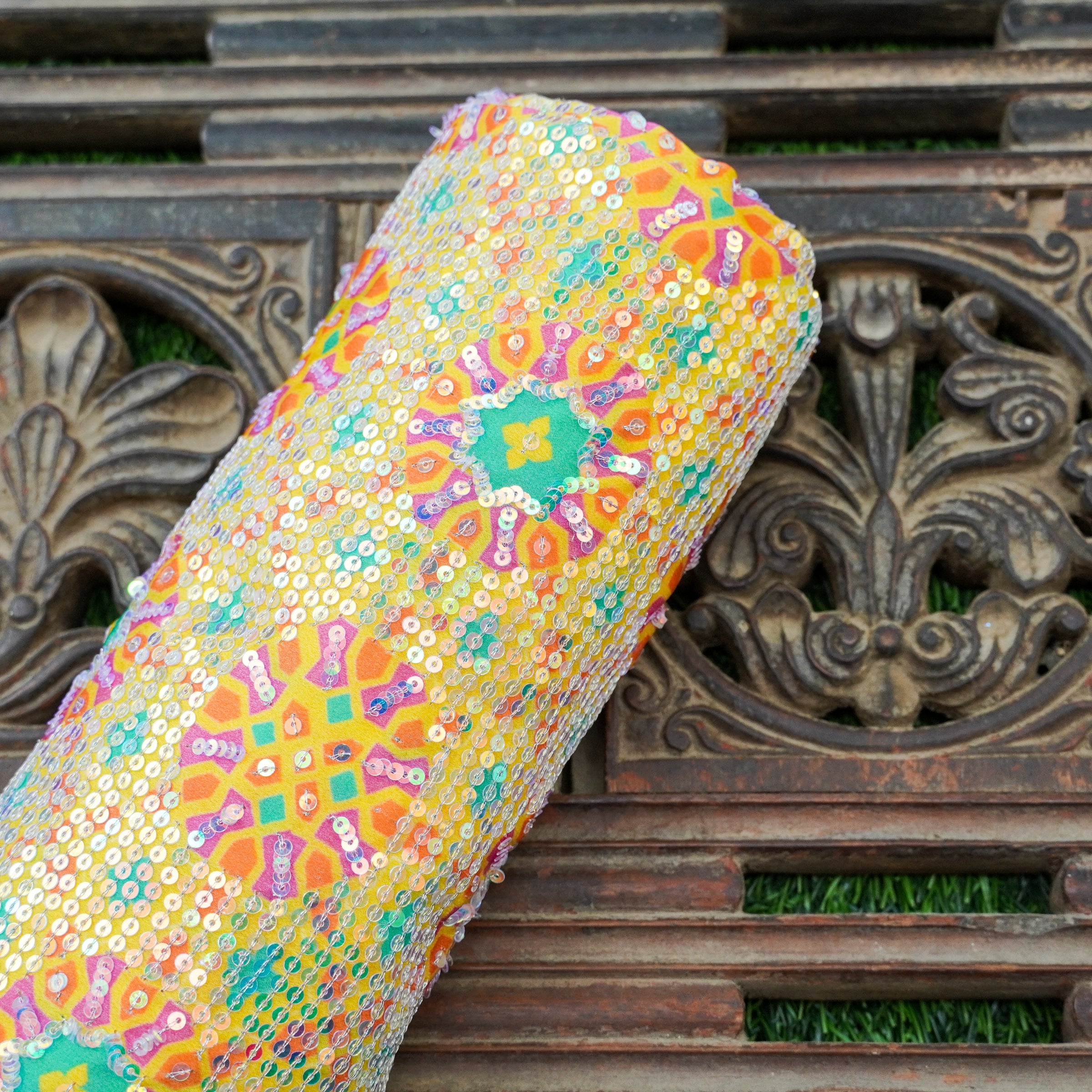 Jhilmil NİLÜFER - Yellow Pure Sateen Silk Print with Sequence Fabric - Khinkhwab