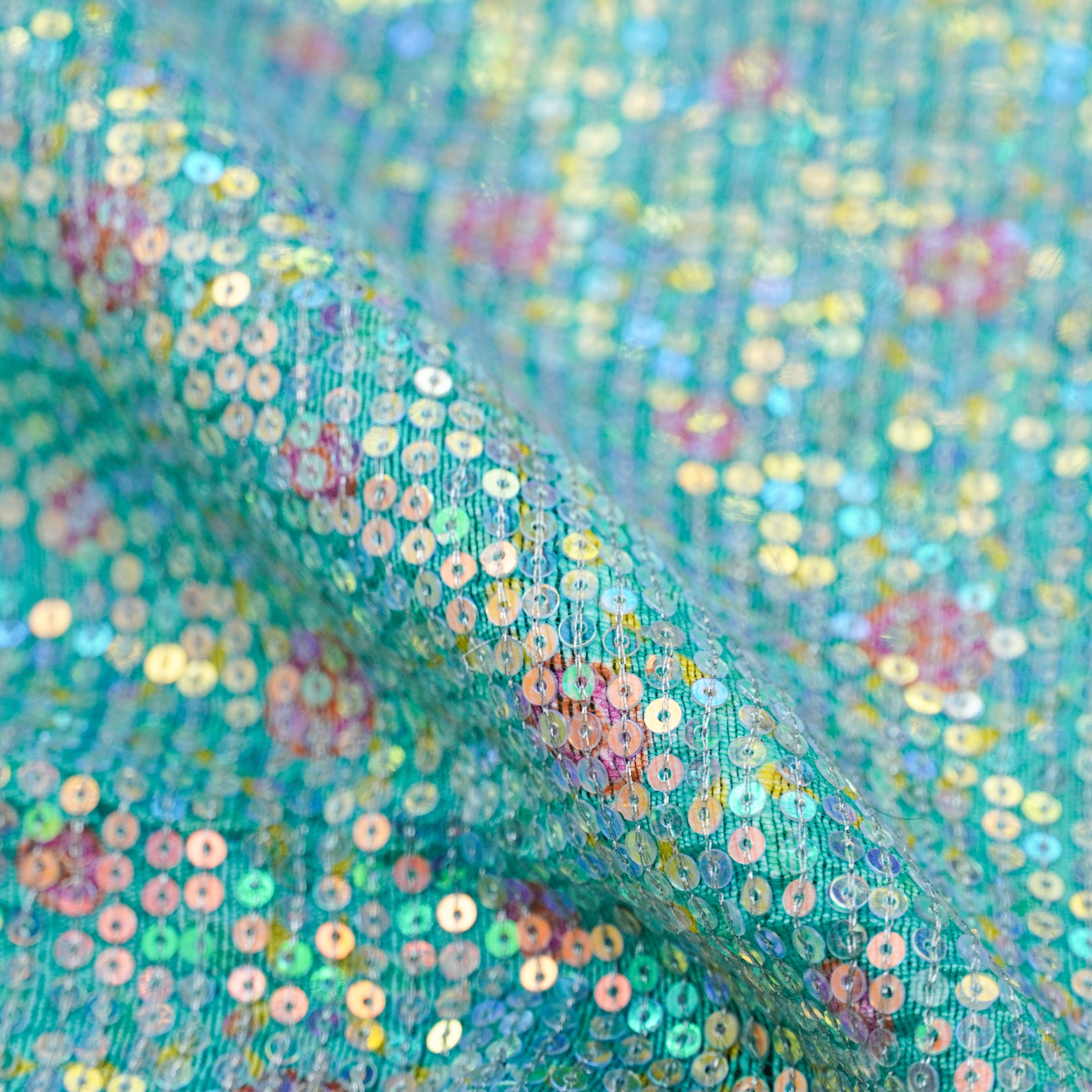 Jhilmil KARANFİL - Turquoise Pure Raw Silk Print with Sequence Fabric - Khinkhwab