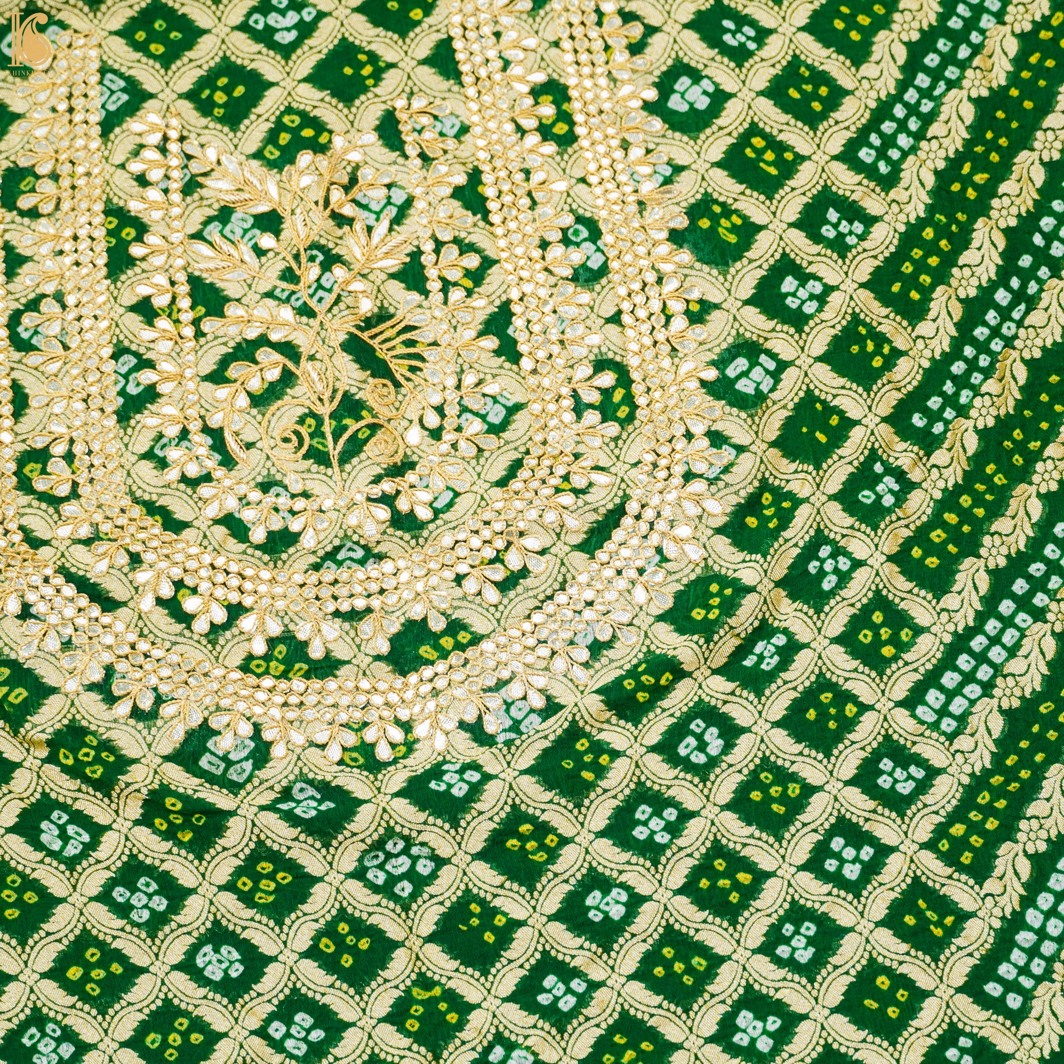 Green Hand Embroidered Pure Georgette Bandhani Blouse Fabric - Khinkhwab