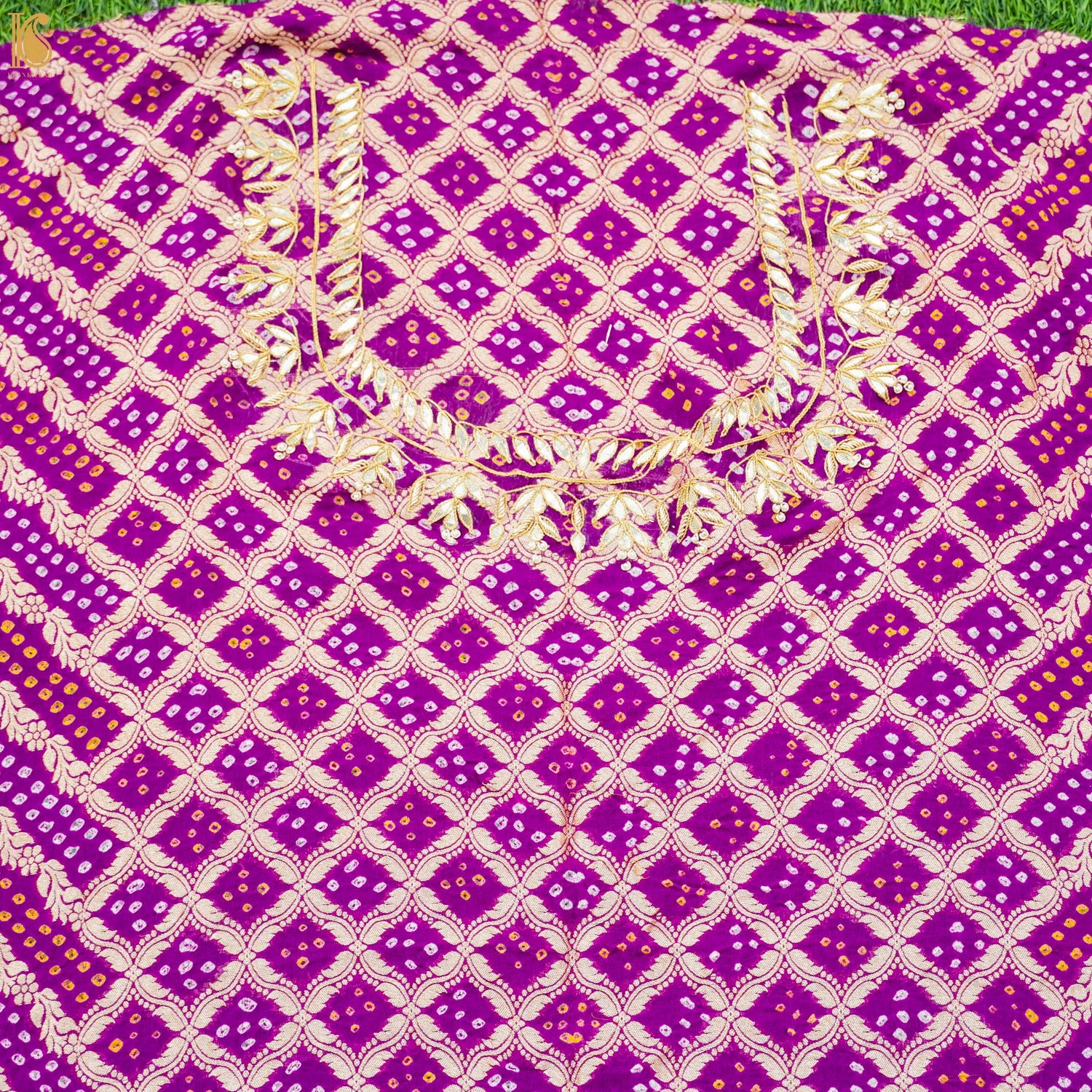 Purple Hand Embroidered Pure Georgette Bandhani Blouse Fabric - Khinkhwab