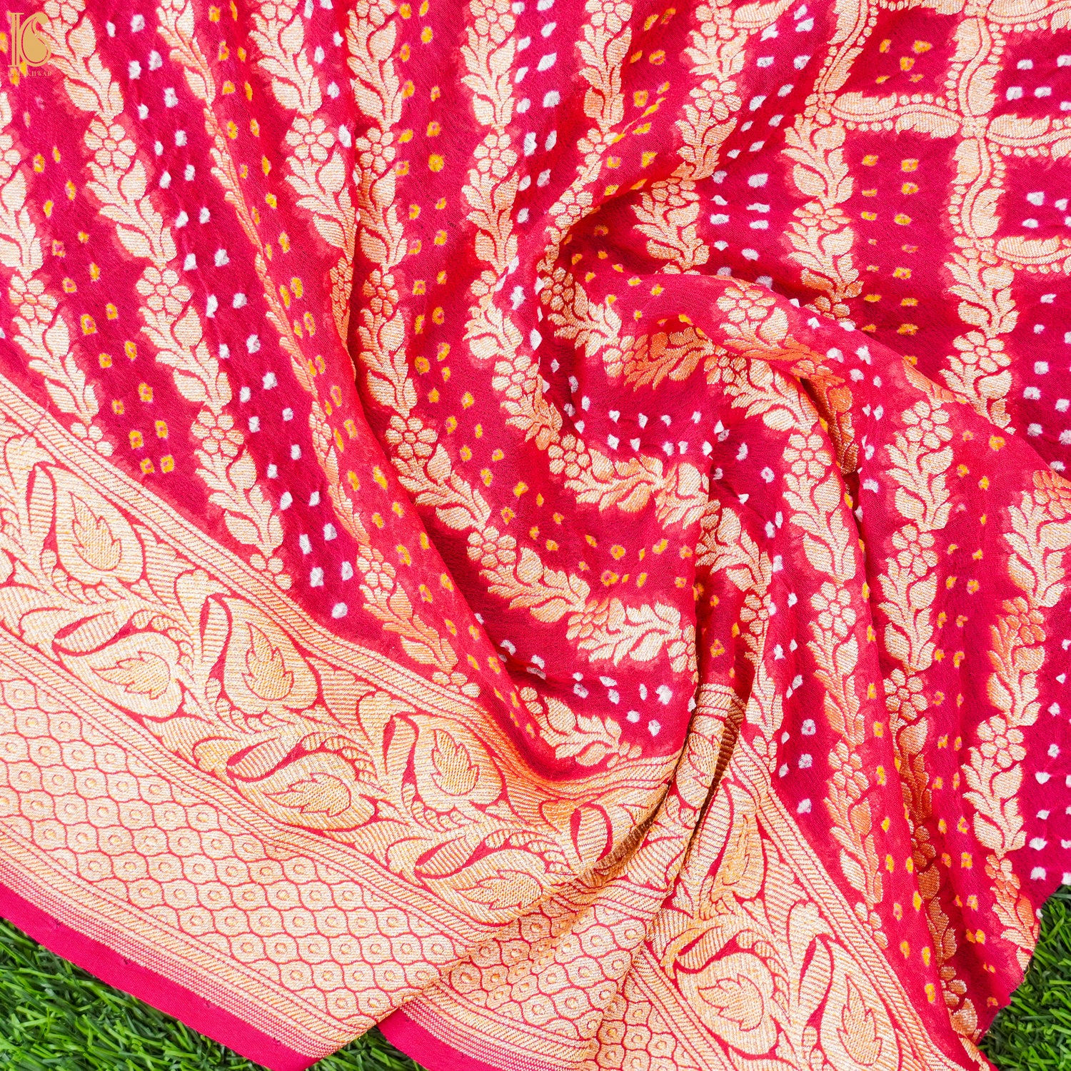 Pink Hand Embroidered Pure Georgette Bandhani Blouse Fabric - Khinkhwab