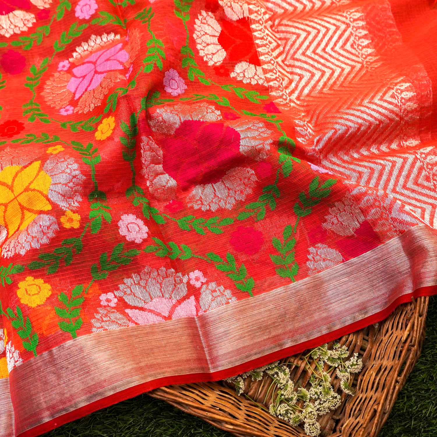 Reddish Orange Handwoven Real Zari Kota Silk Jaal Dupatta - Khinkhwab