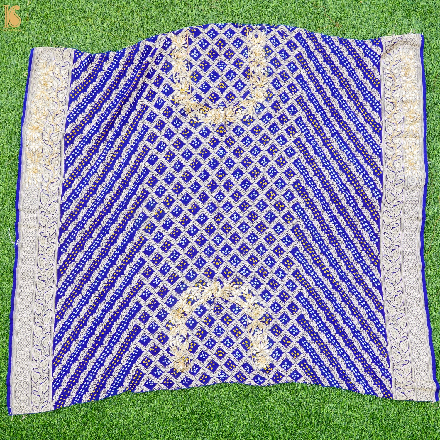 Blue Hand Embroidered Pure Georgette Bandhani Blouse Fabric - Khinkhwab