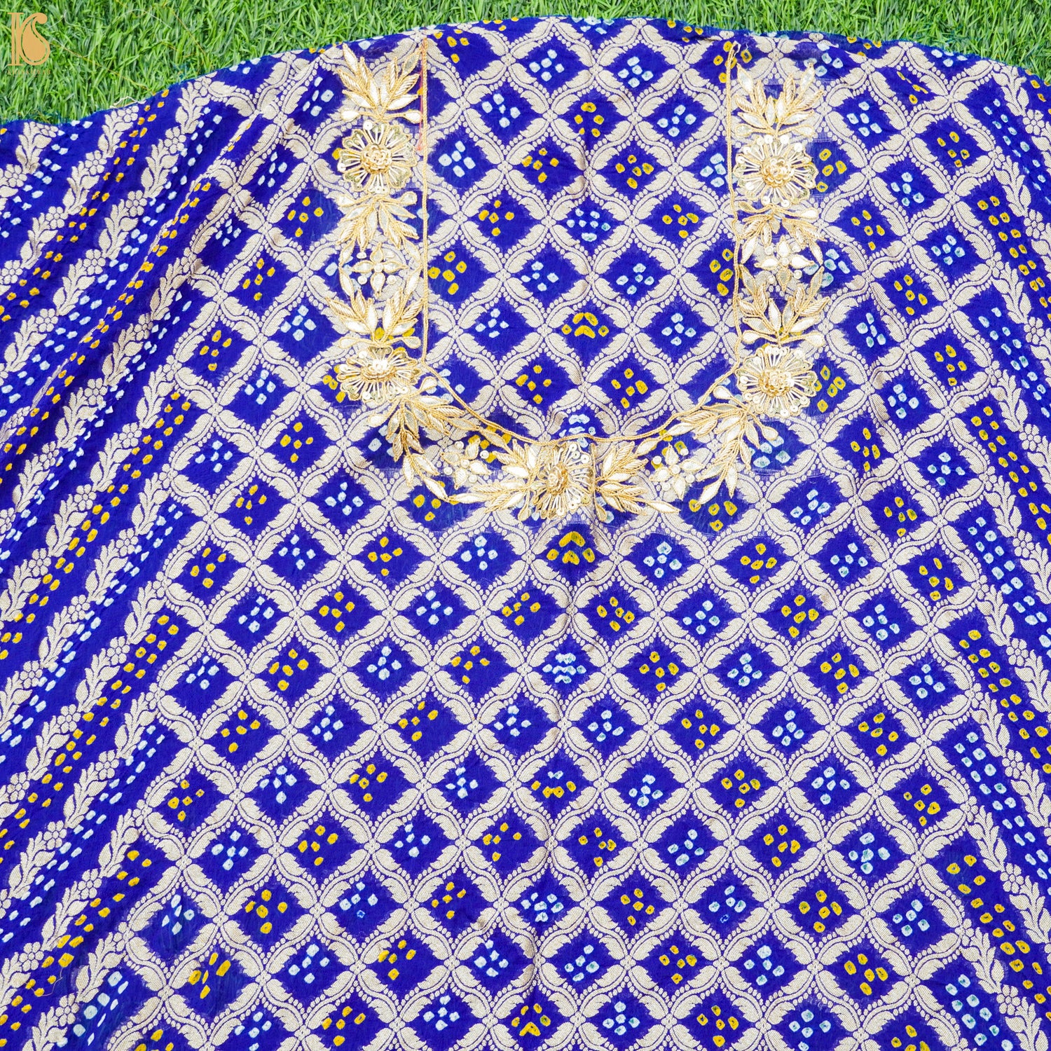 Blue Hand Embroidered Pure Georgette Bandhani Blouse Fabric - Khinkhwab