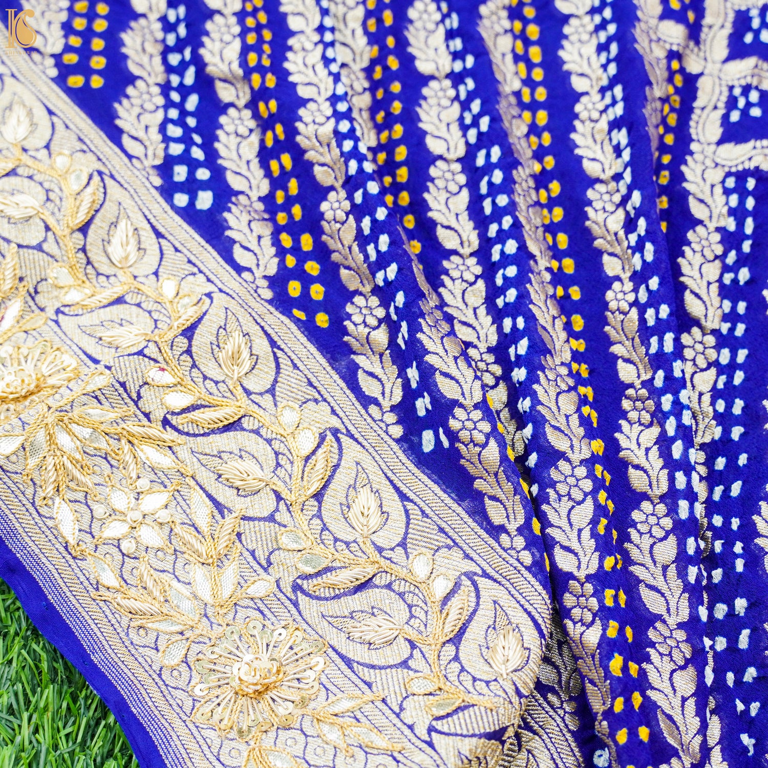 Blue Hand Embroidered Pure Georgette Bandhani Blouse Fabric - Khinkhwab