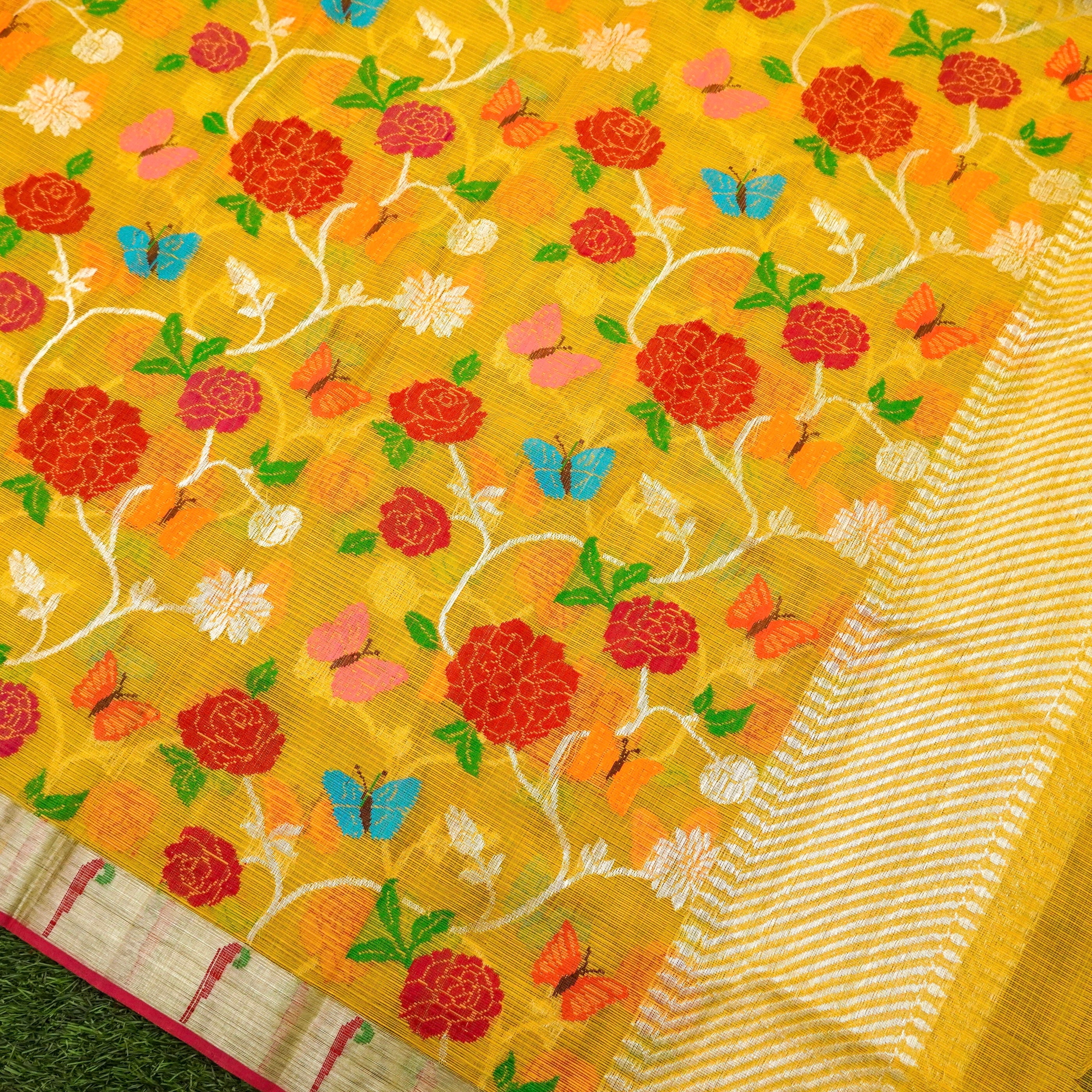 Gamboge Yellow Handwoven Real Zari Kota Silk Jaal Dupatta - Khinkhwab