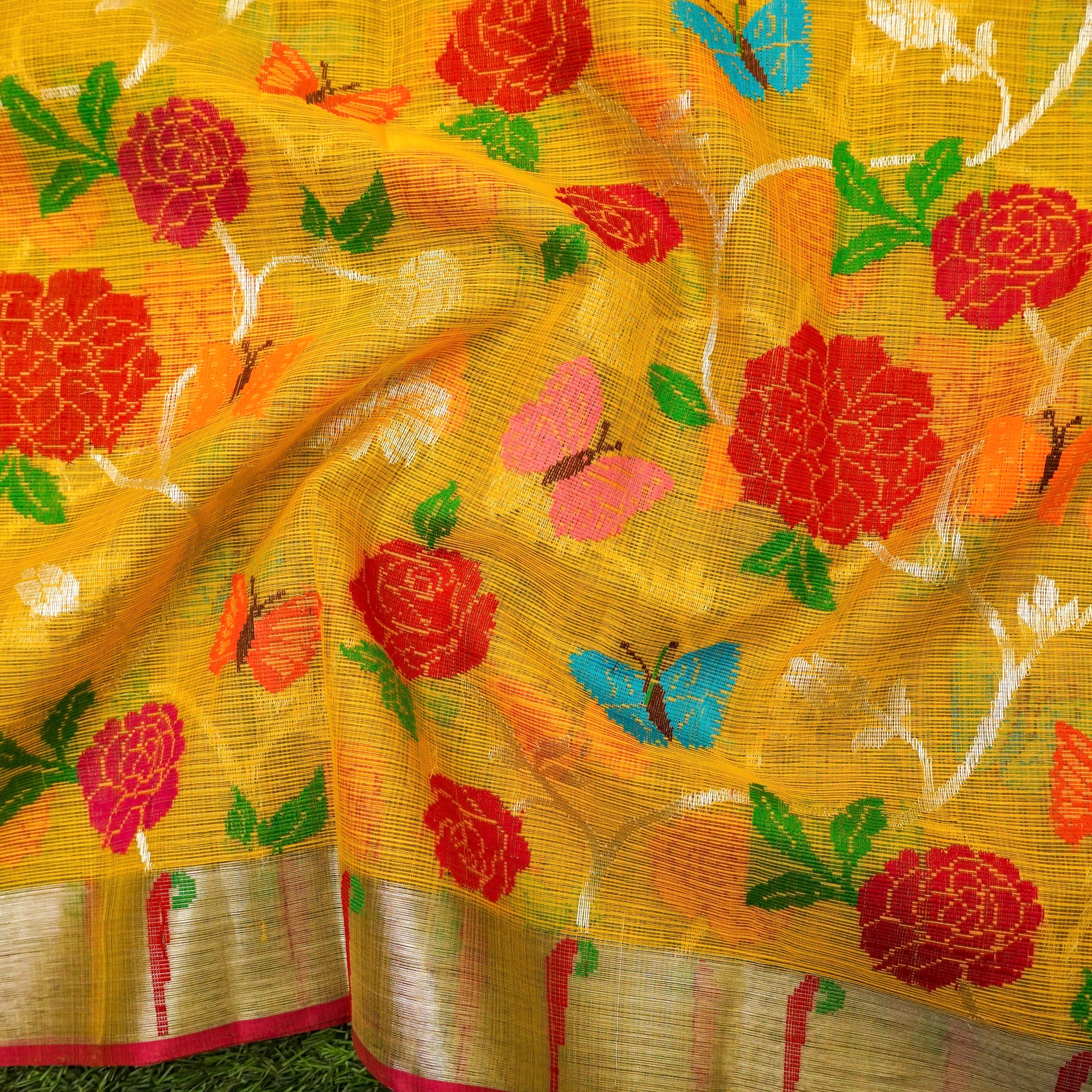 Gamboge Yellow Handwoven Real Zari Kota Silk Jaal Dupatta - Khinkhwab