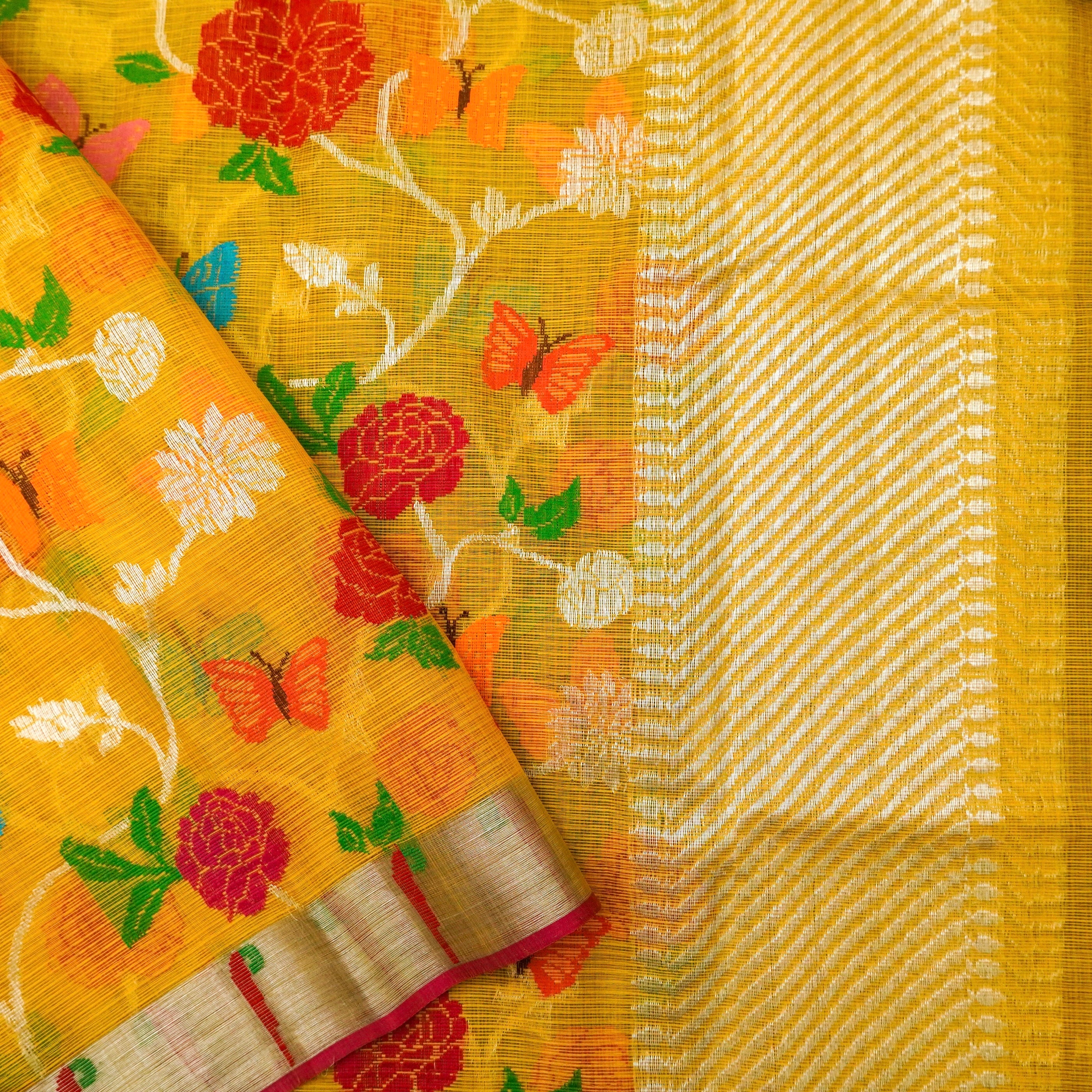 Gamboge Yellow Handwoven Real Zari Kota Silk Jaal Dupatta - Khinkhwab
