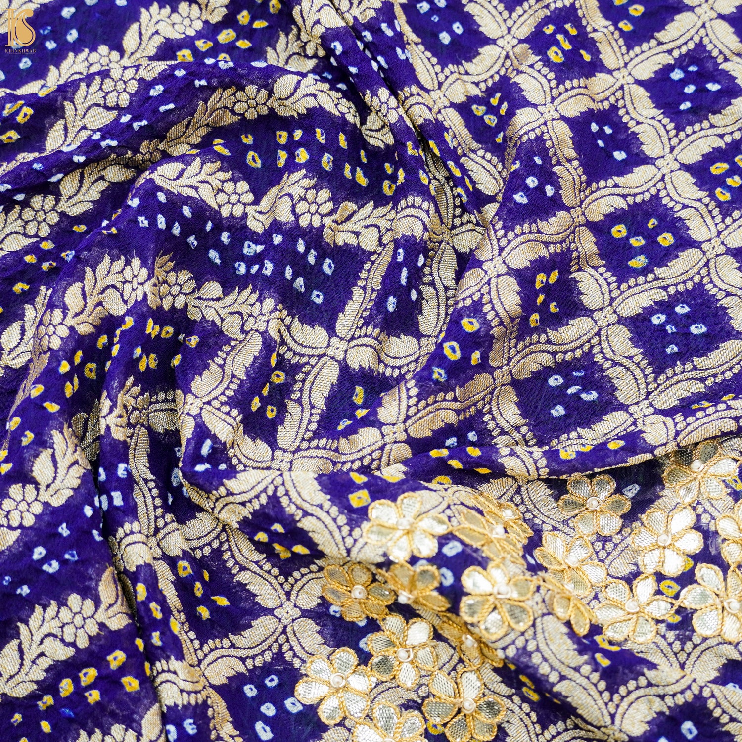 Blue Hand Embroidered Pure Georgette Bandhani Blouse Fabric - Khinkhwab