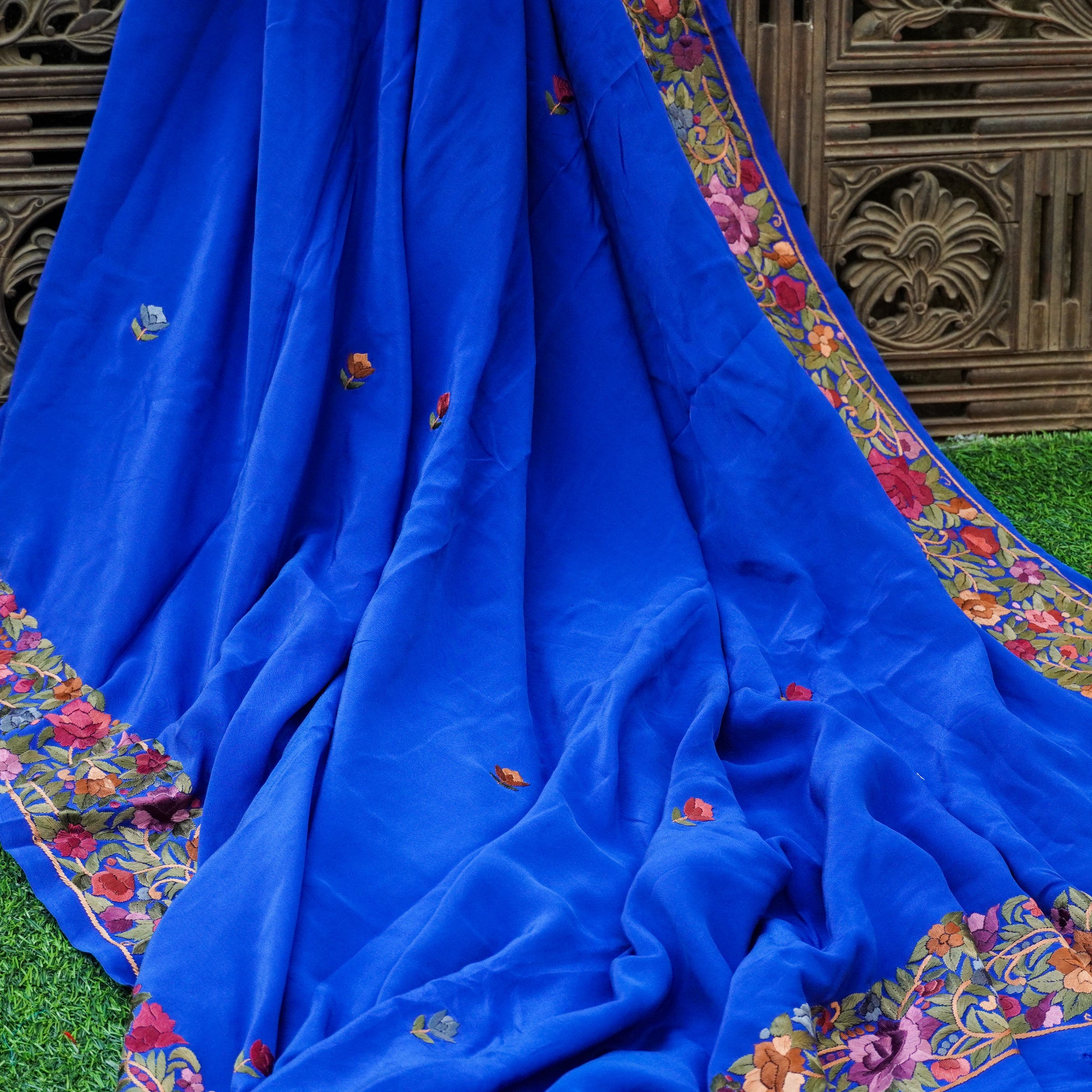 Blue Handcrafted Parsi Gara Pure Crepe Saree - Khinkhwab