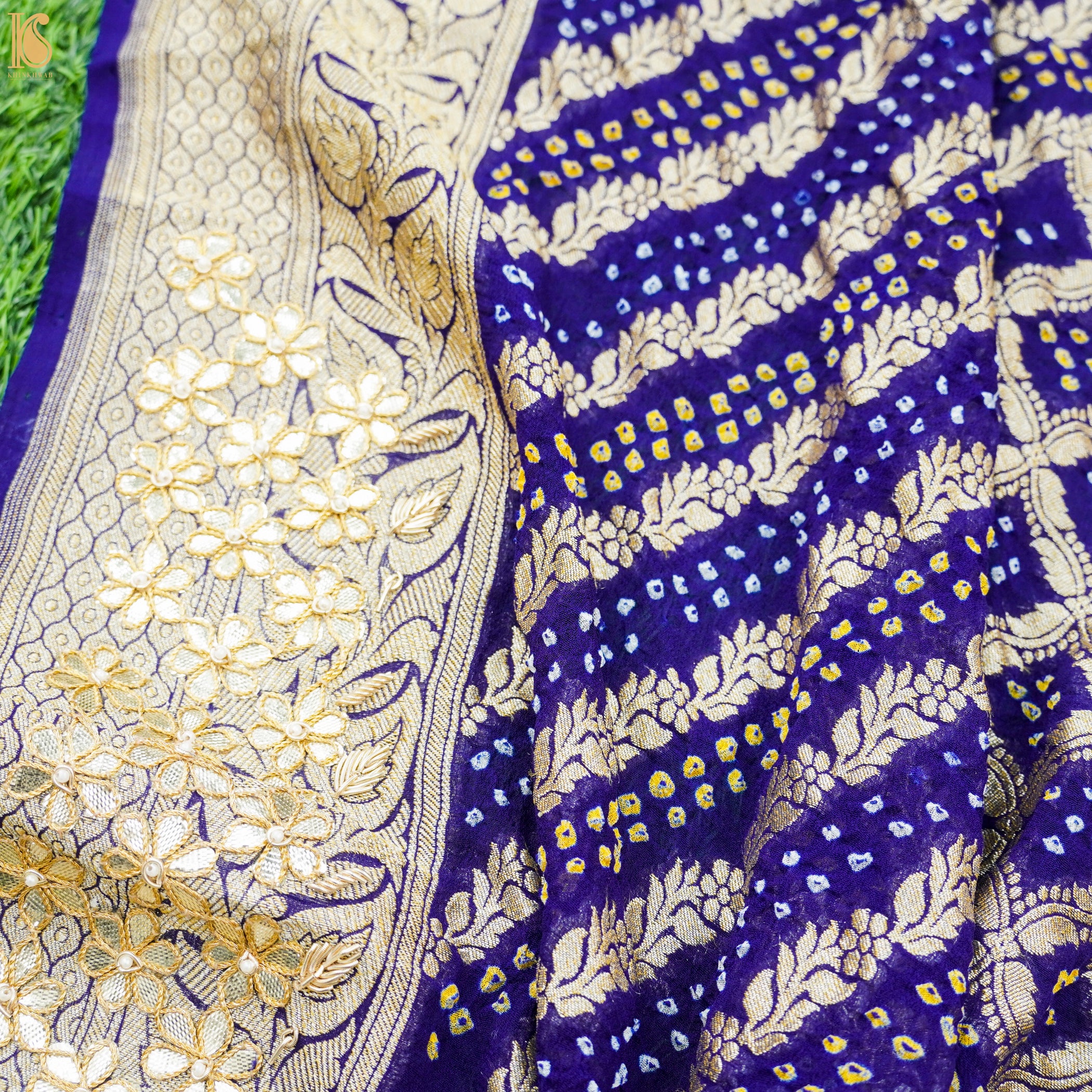 Blue Hand Embroidered Pure Georgette Bandhani Blouse Fabric - Khinkhwab