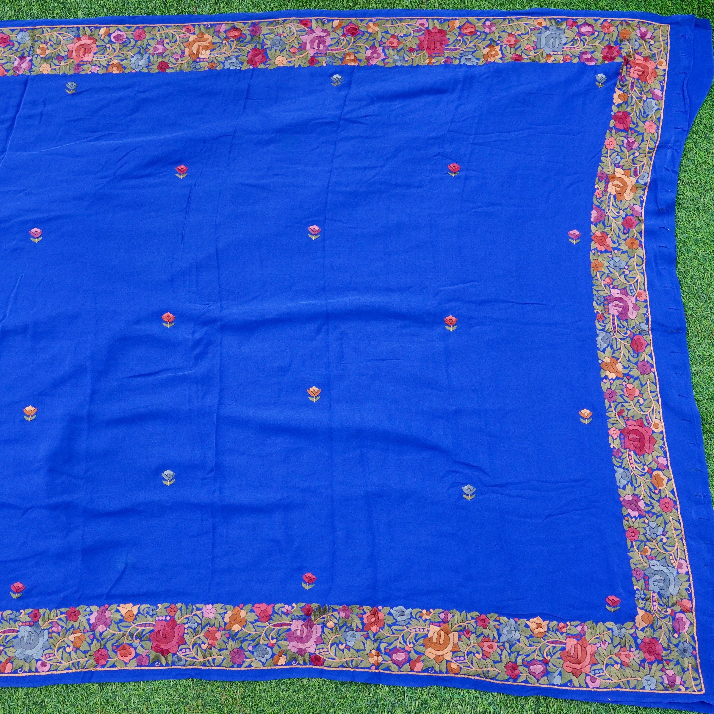 Blue Handcrafted Parsi Gara Pure Crepe Saree - Khinkhwab