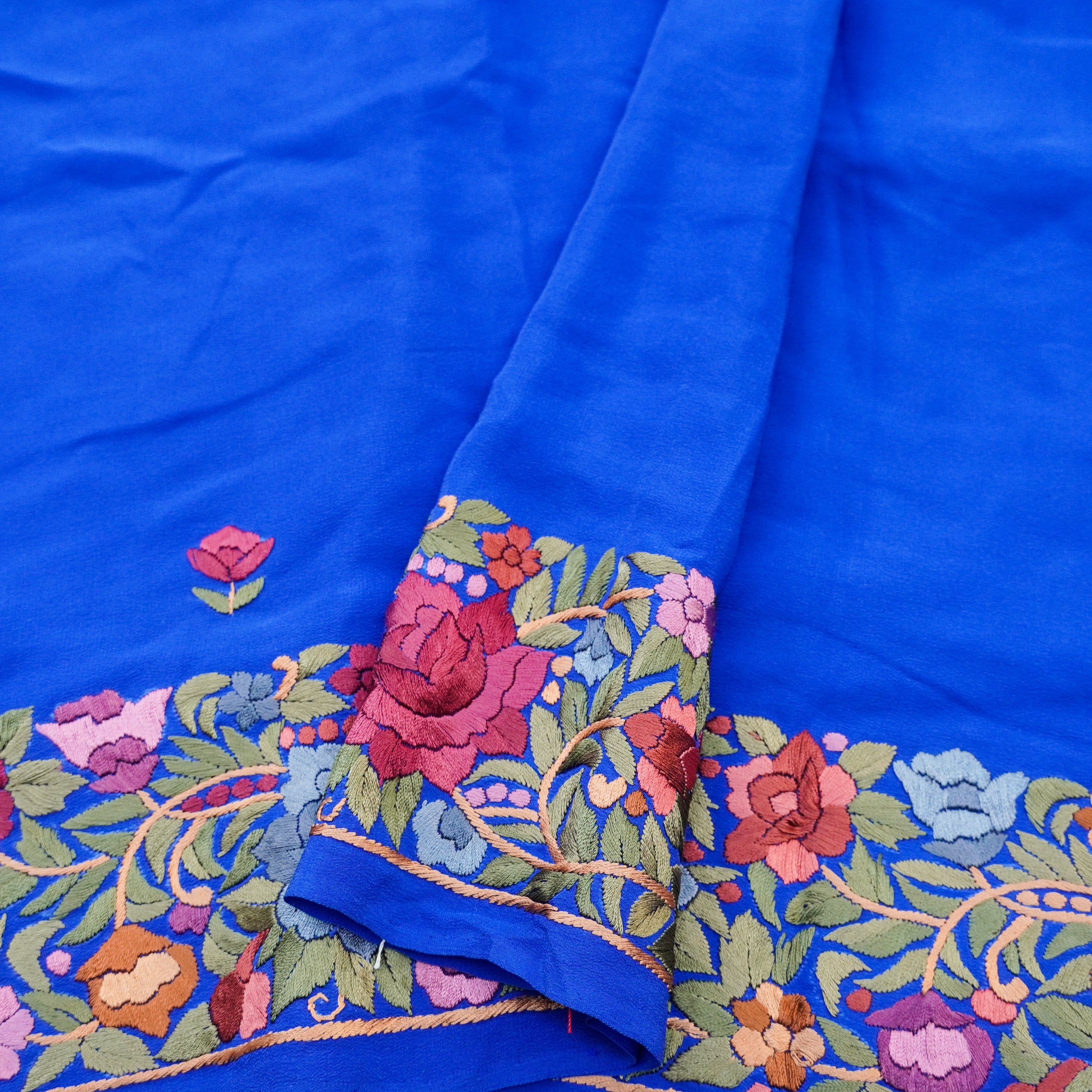 Blue Handcrafted Parsi Gara Pure Crepe Saree - Khinkhwab