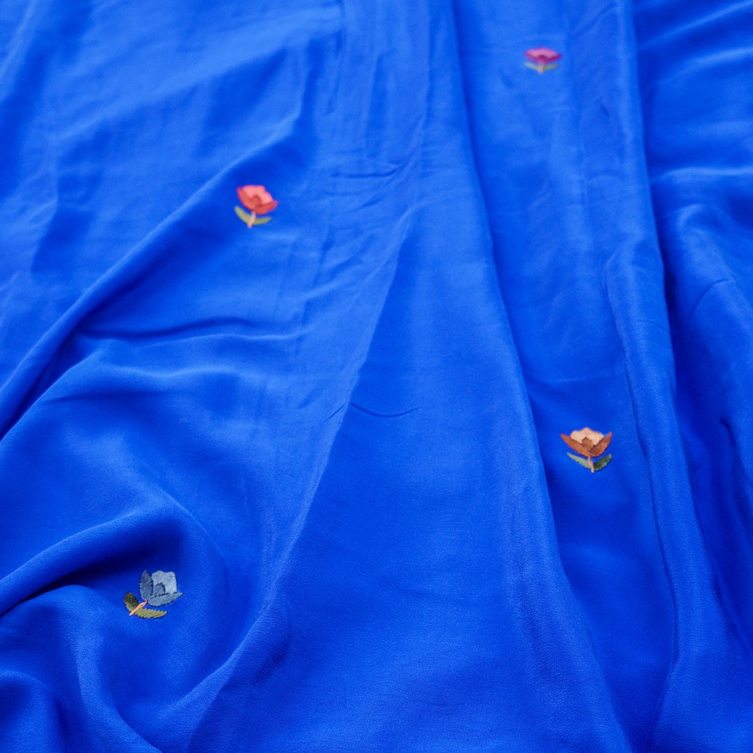Blue Handcrafted Parsi Gara Pure Crepe Saree - Khinkhwab