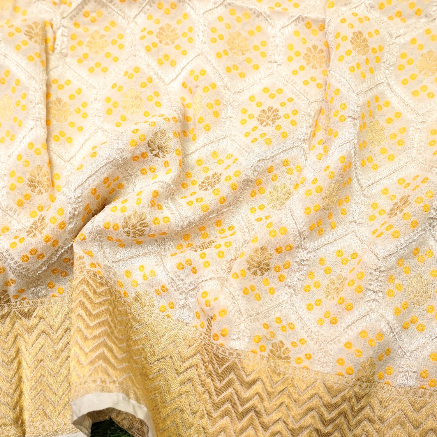 Off White Pure Georgette Honeycomb Banarasi Dupatta with Woven Dots - Khinkhwab