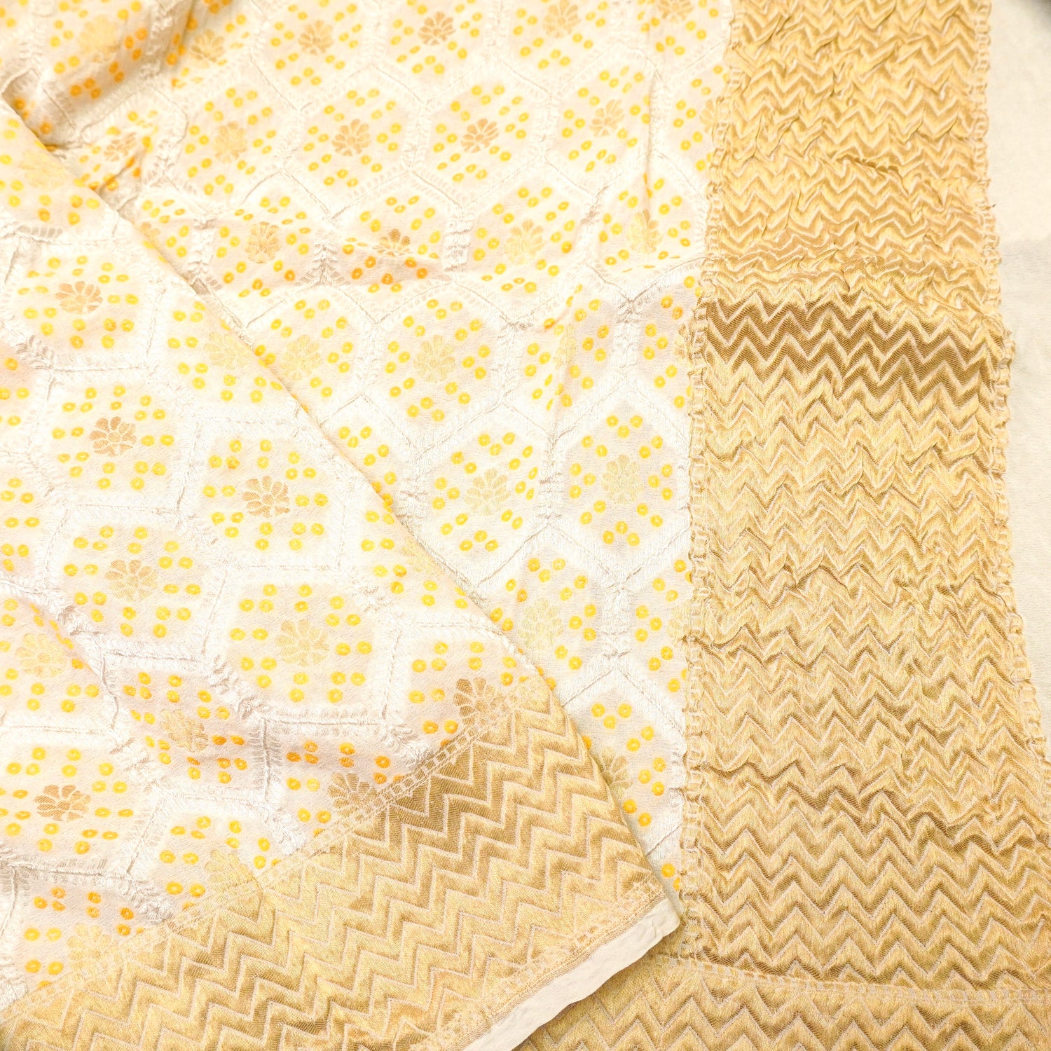 Off White Pure Georgette Honeycomb Banarasi Dupatta with Woven Dots - Khinkhwab