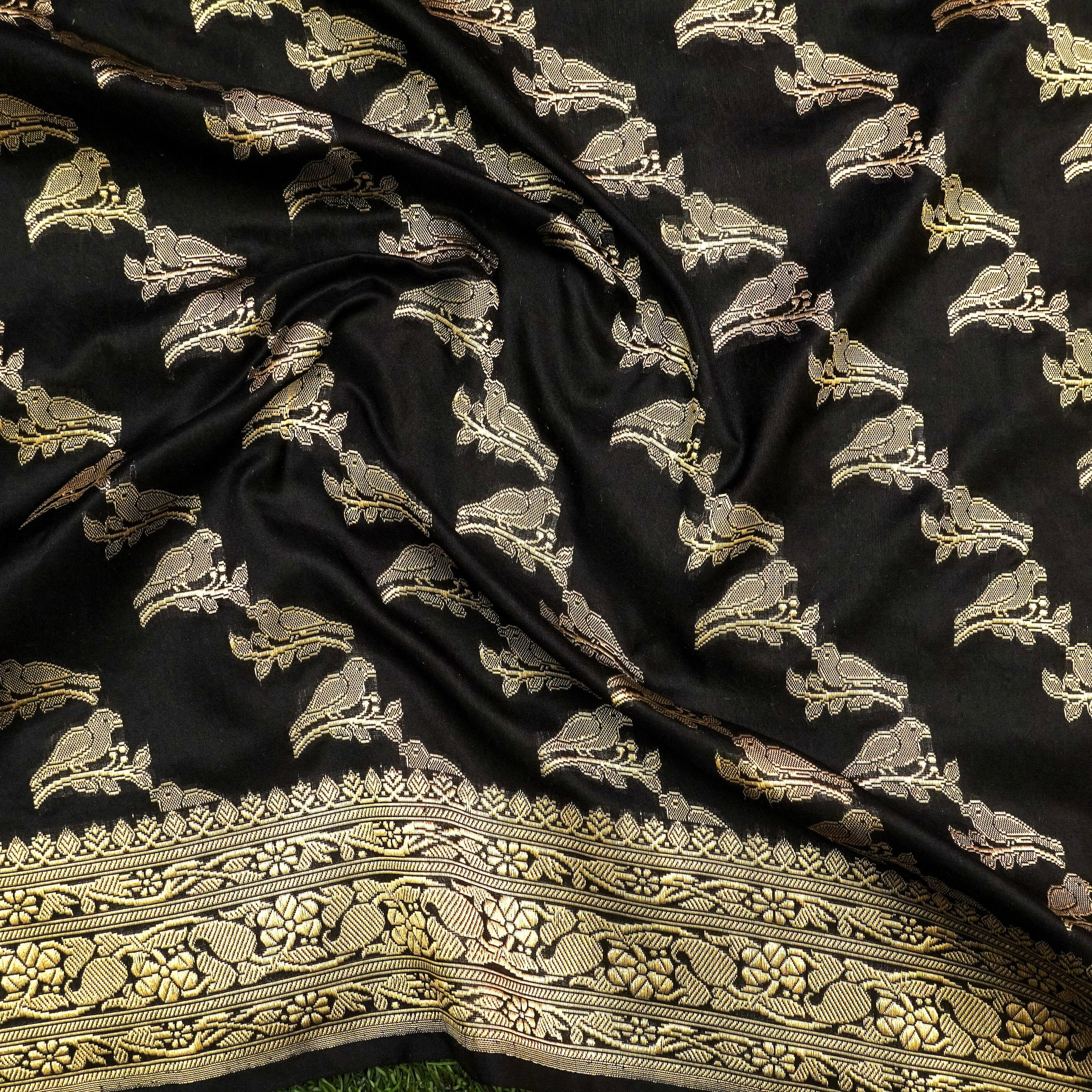 Black Handloom Pure Katan Silk Pink Banarasi Bird Suit & Dupatta Set - Khinkhwab