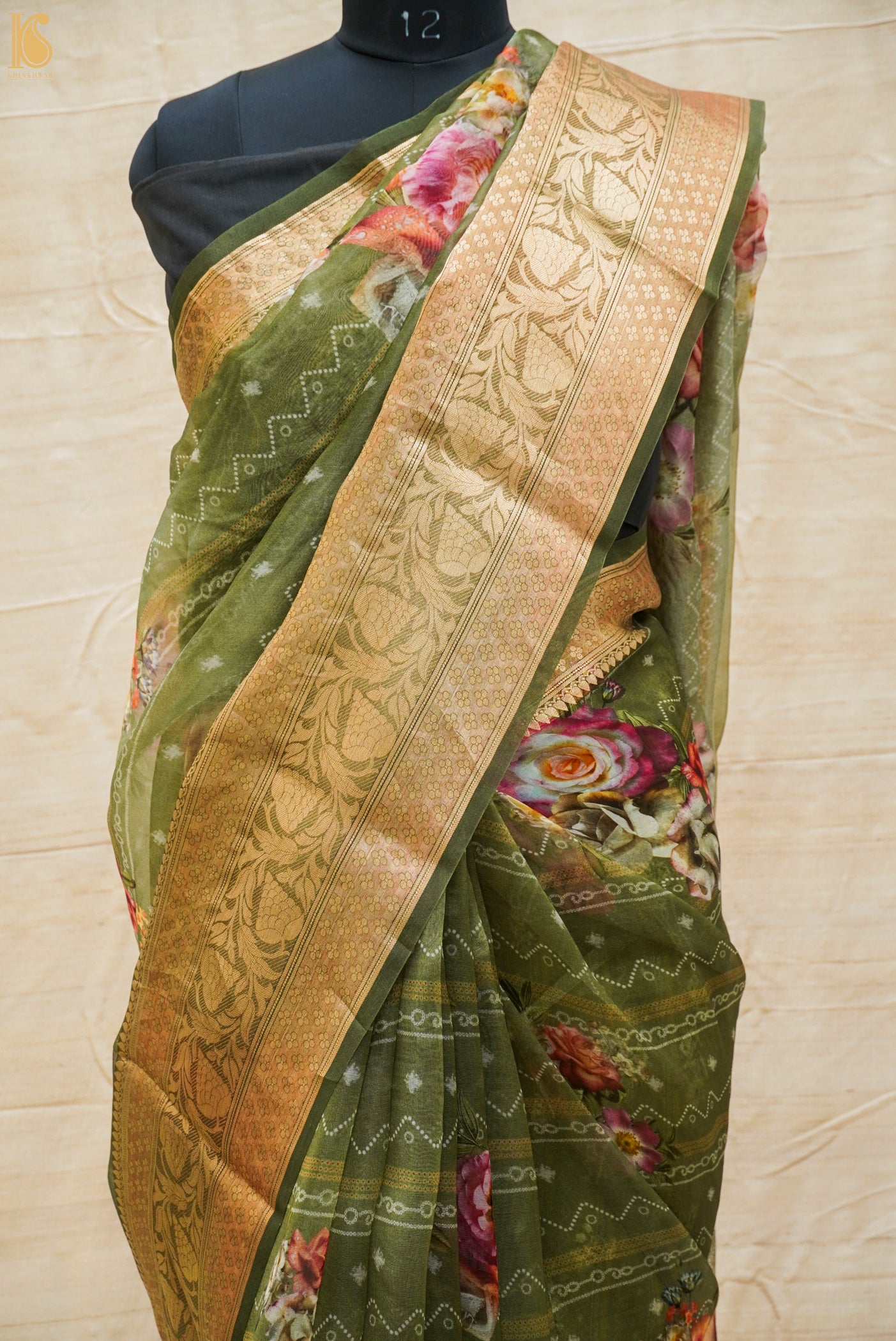 Olive Green Pure Organza Silk Floral Print Banarasi Border Saree - Khinkhwab