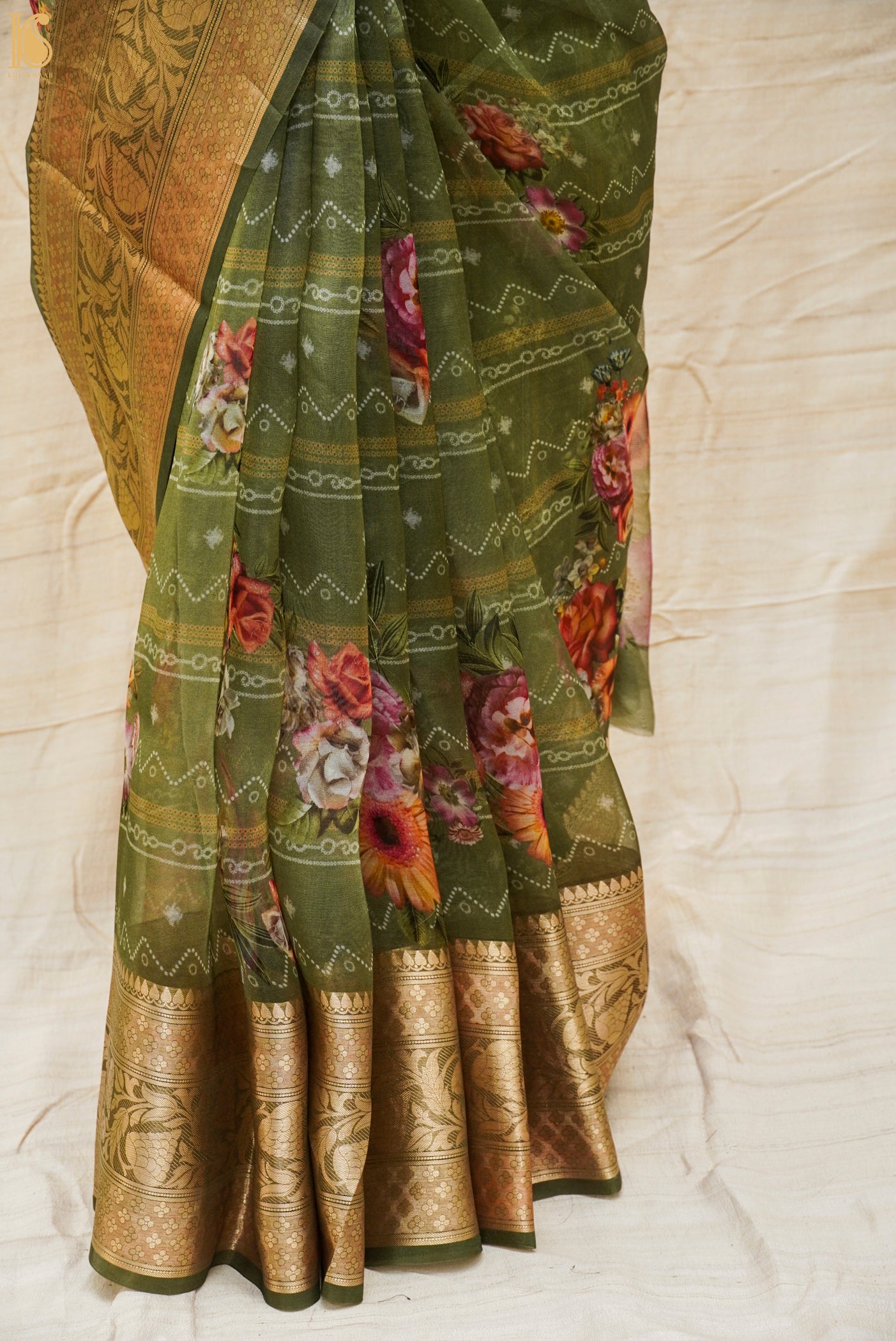 Olive Green Pure Organza Silk Floral Print Banarasi Border Saree - Khinkhwab