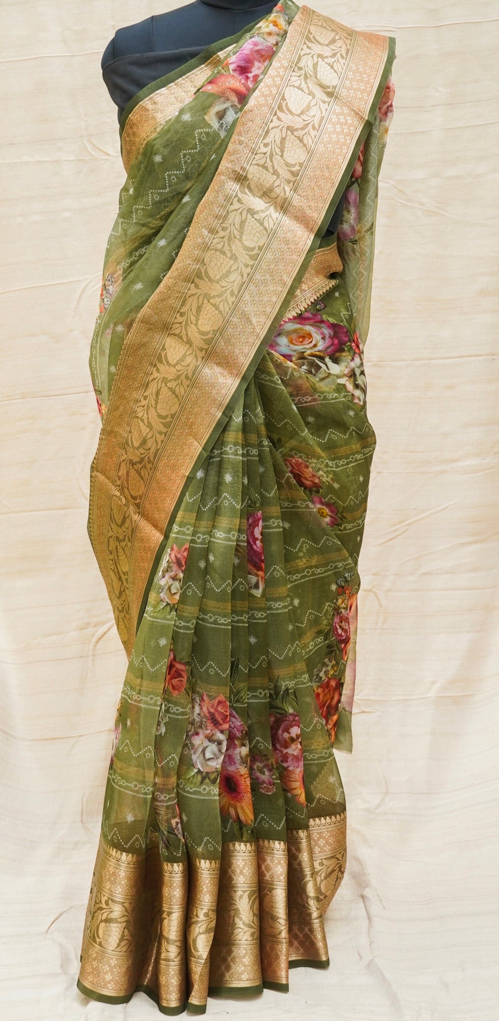 Olive Green Pure Organza Silk Floral Print Banarasi Border Saree - Khinkhwab