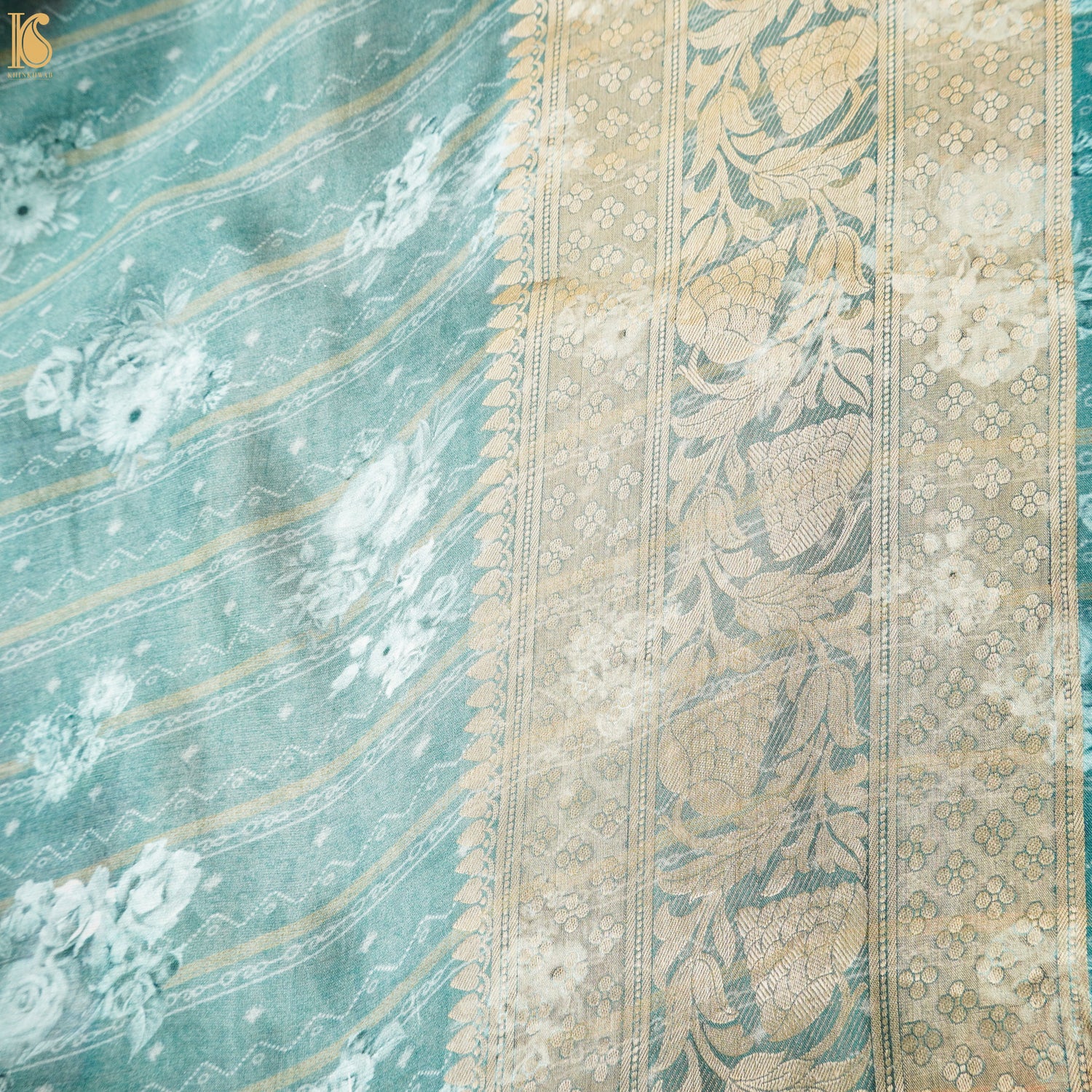 Cascade Blue Pure Organza Silk Floral Print Banarasi Border Saree - Khinkhwab