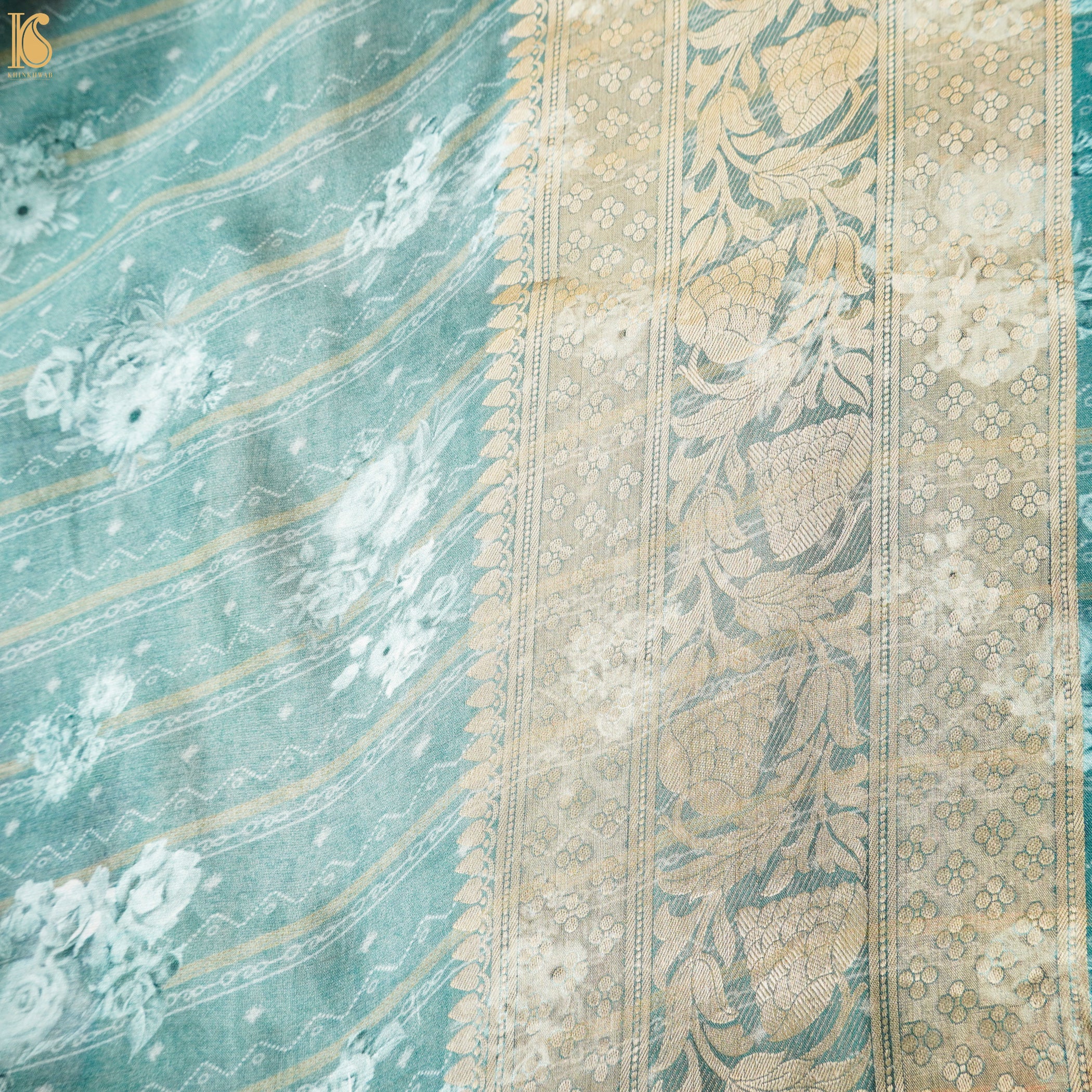 Cascade Blue Pure Organza Silk Floral Print Banarasi Border Saree - Khinkhwab