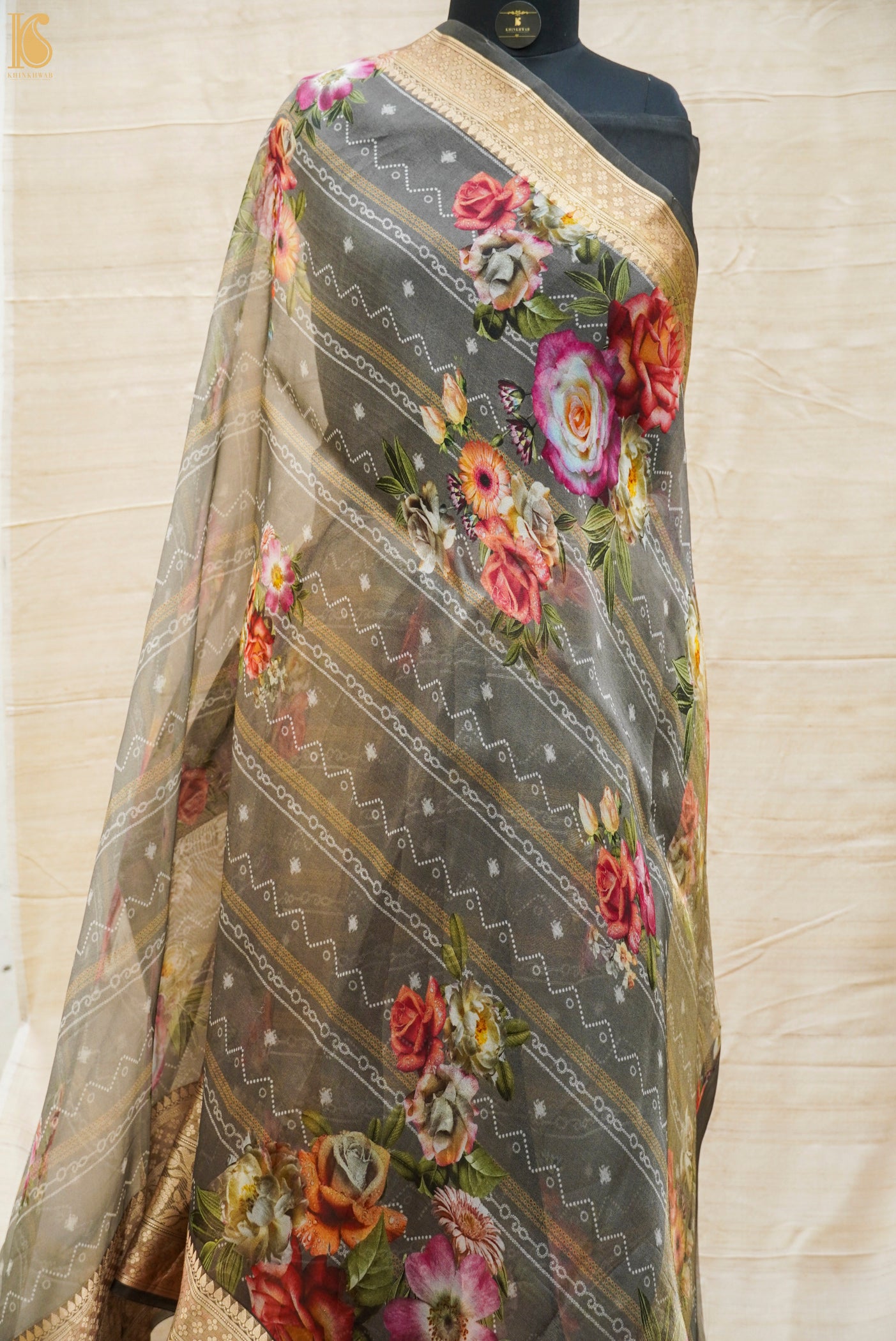 Grey Pure Organza Silk Floral Print Banarasi Border Saree - Khinkhwab