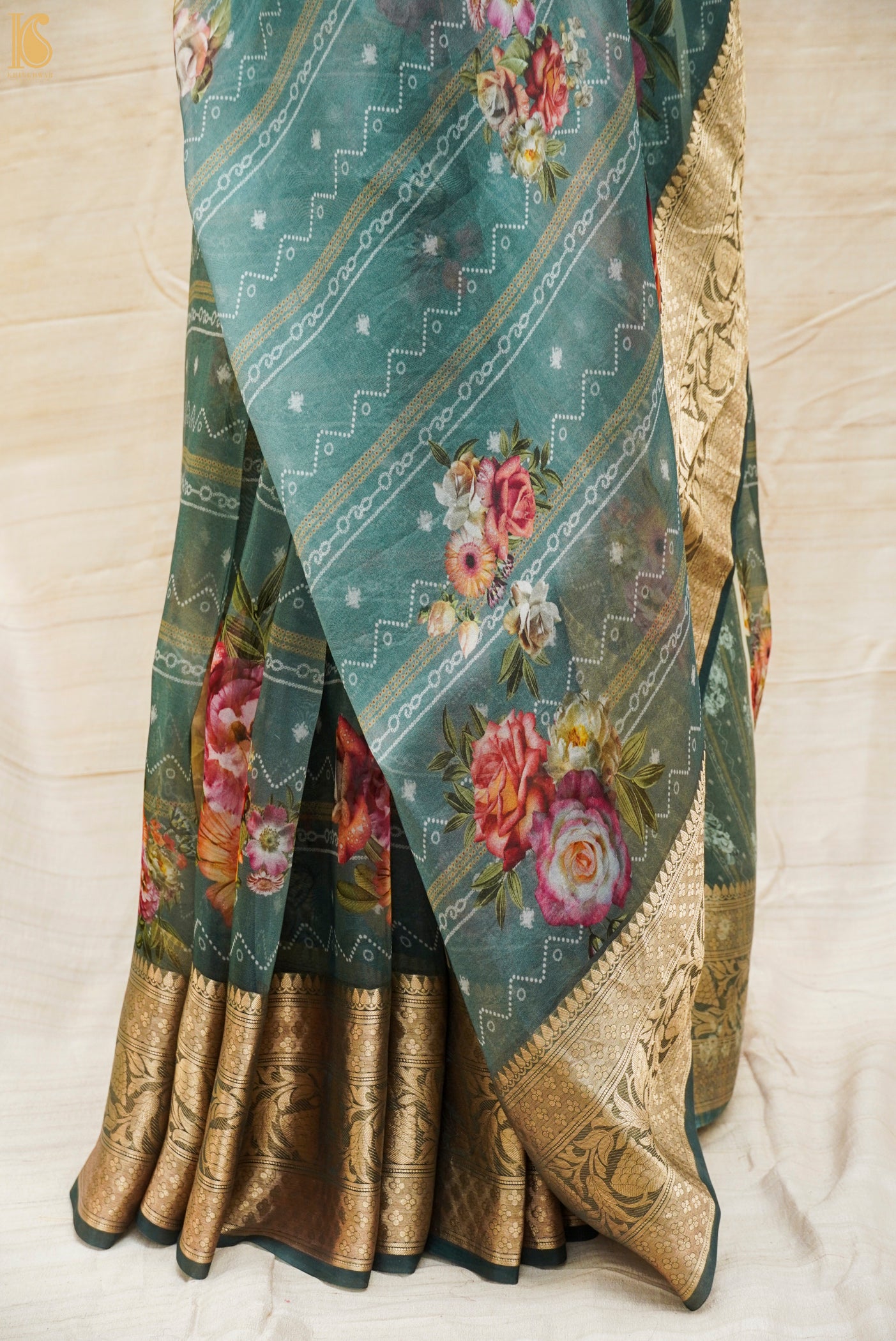 Cascade Blue Pure Organza Silk Floral Print Banarasi Border Saree - Khinkhwab