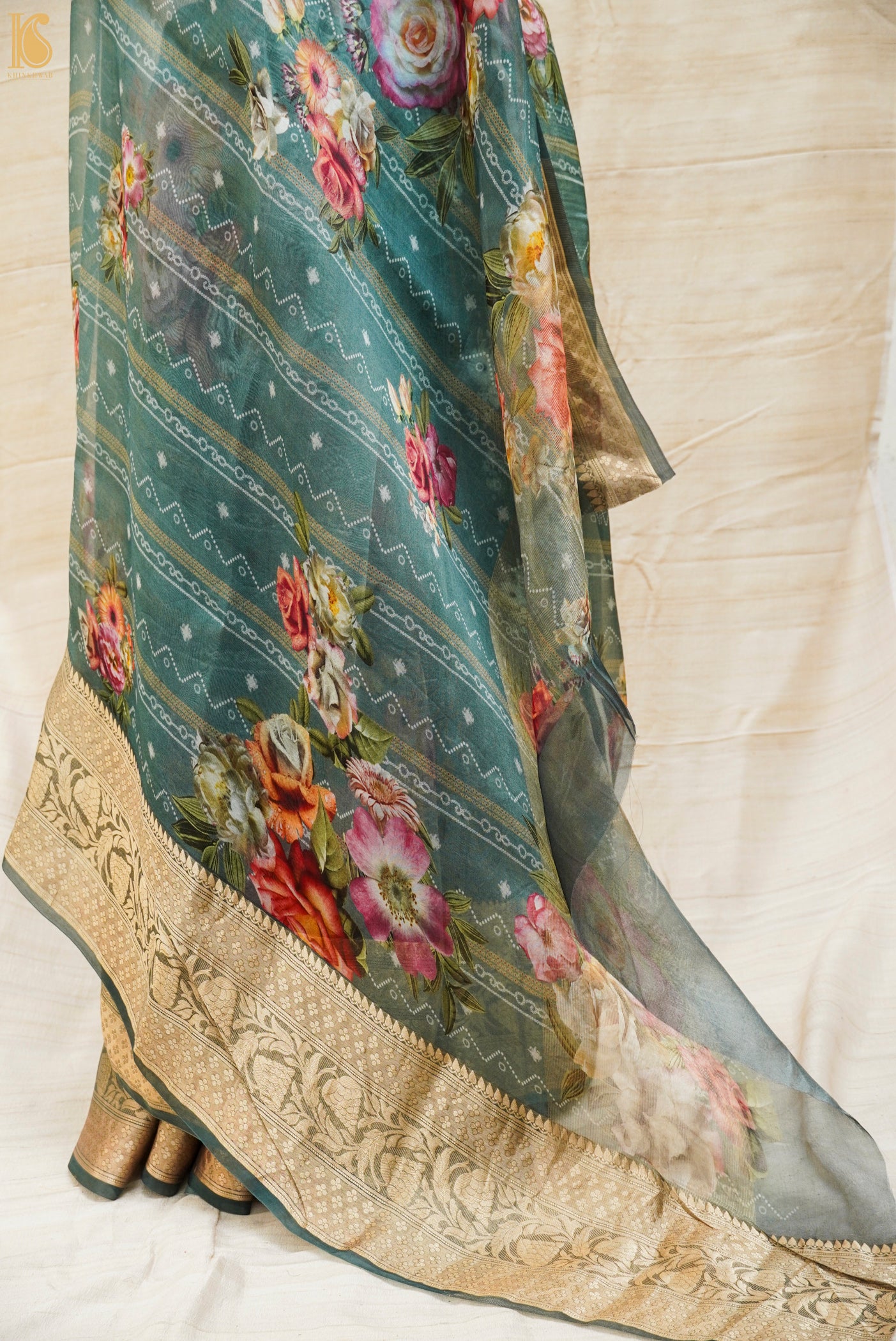 Cascade Blue Pure Organza Silk Floral Print Banarasi Border Saree - Khinkhwab