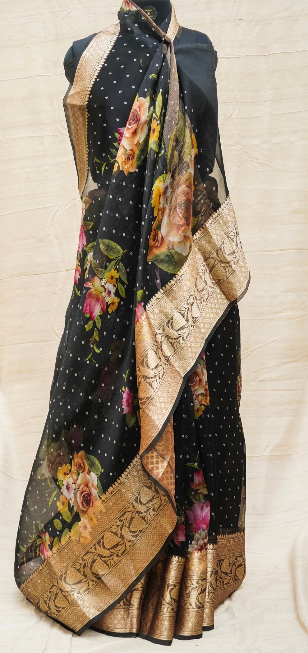 Black Pure Organza Silk Floral Print Banarasi Border Saree - Khinkhwab