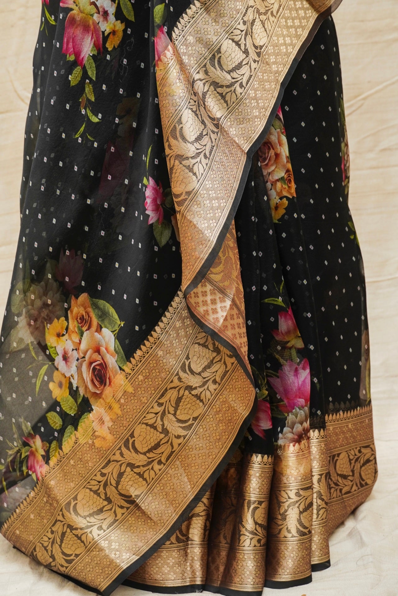 Black Pure Organza Silk Floral Print Banarasi Border Saree - Khinkhwab