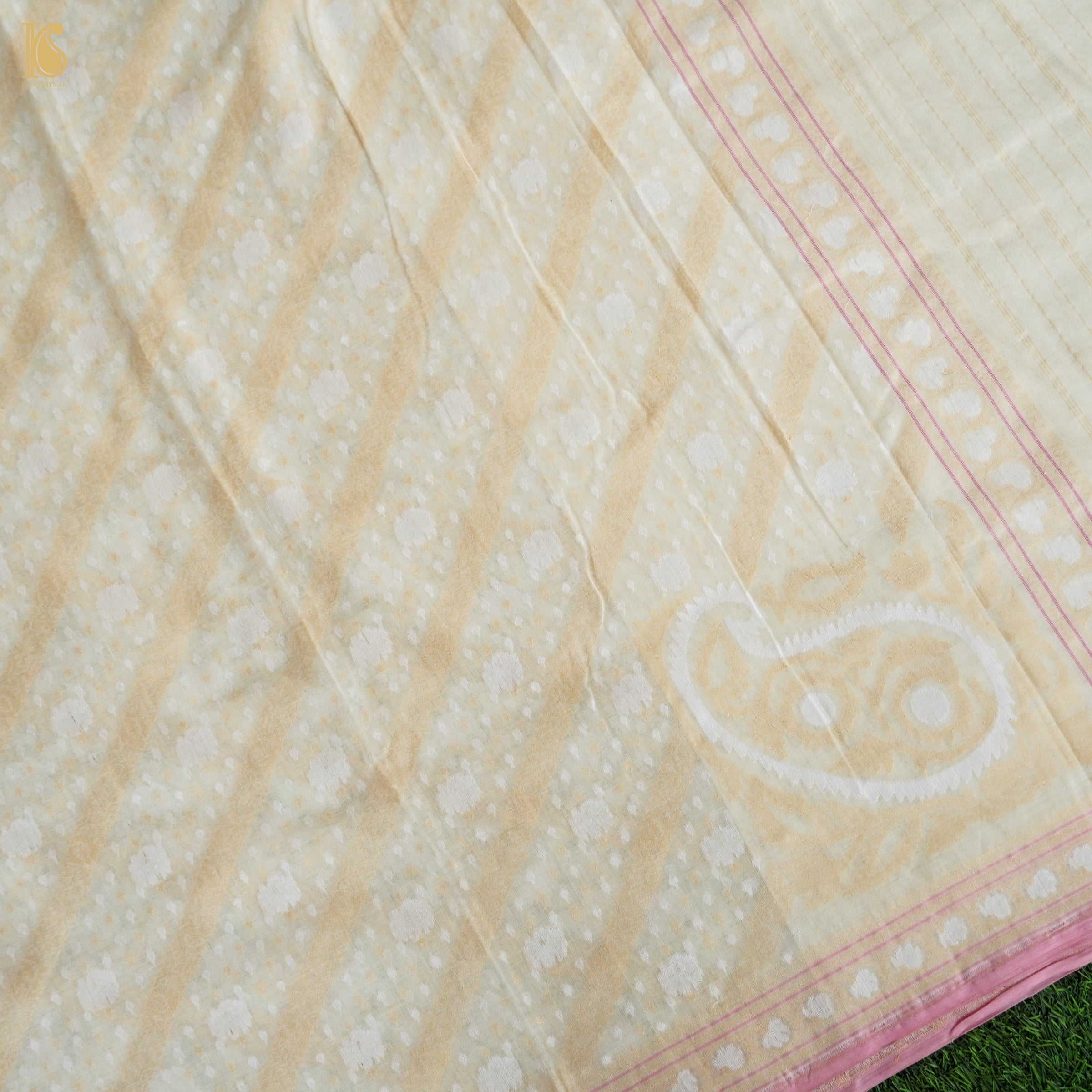 Stark White Pure Cotton Handloom Banarasi Jamdani Ektara Saree - Khinkhwab